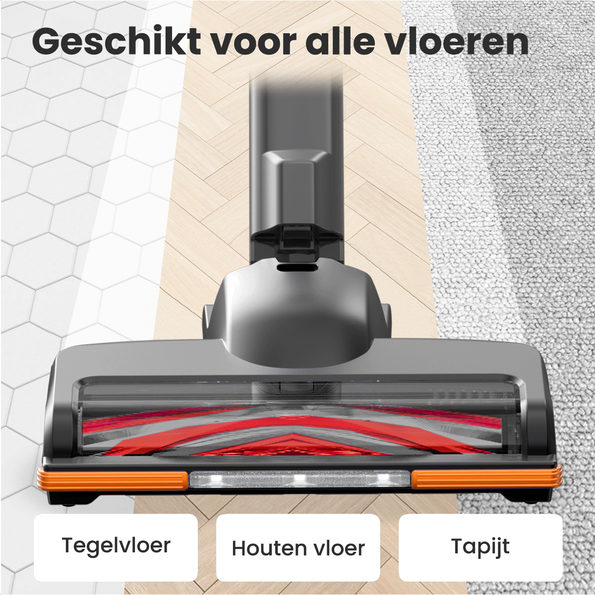 Tête d'aspirateur sur trois types de sols : carrelage, bois et moquette. Le texte dit : « Convient à tous les sols ». 