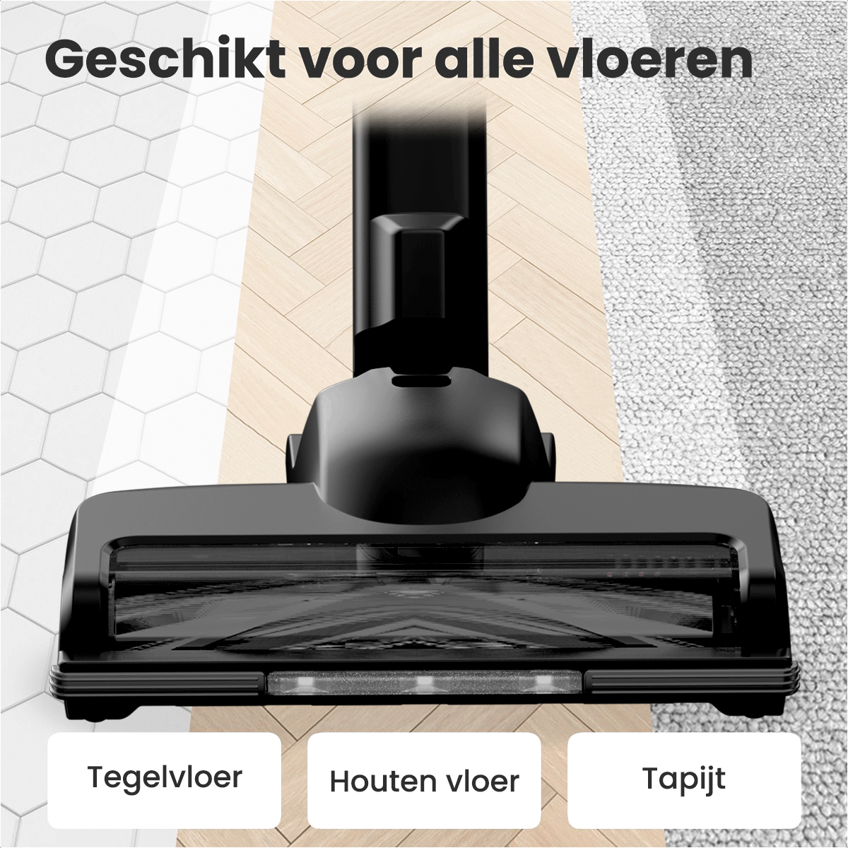 Une tête d'aspirateur sur différents types de sols : carrelage, bois et moquette.