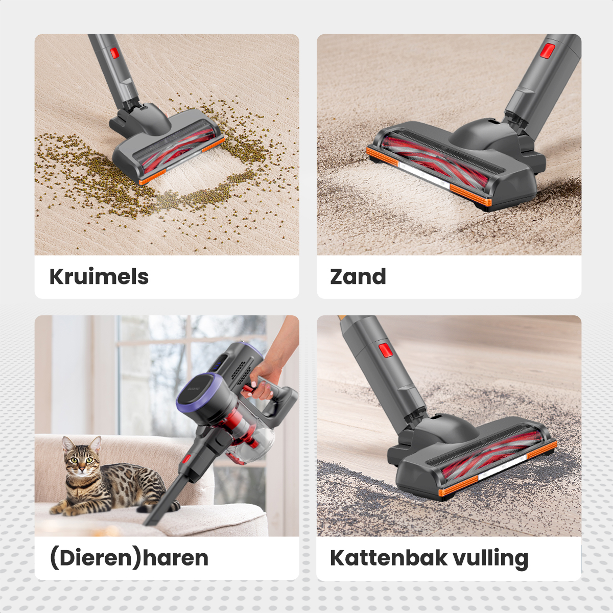 Quatre images montrant un aspirateur nettoyant différents débris.