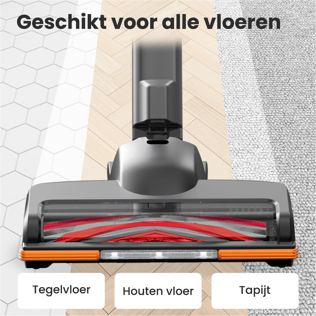 Tête d'aspirateur sur différents types de sols : carrelage, bois et moquette.