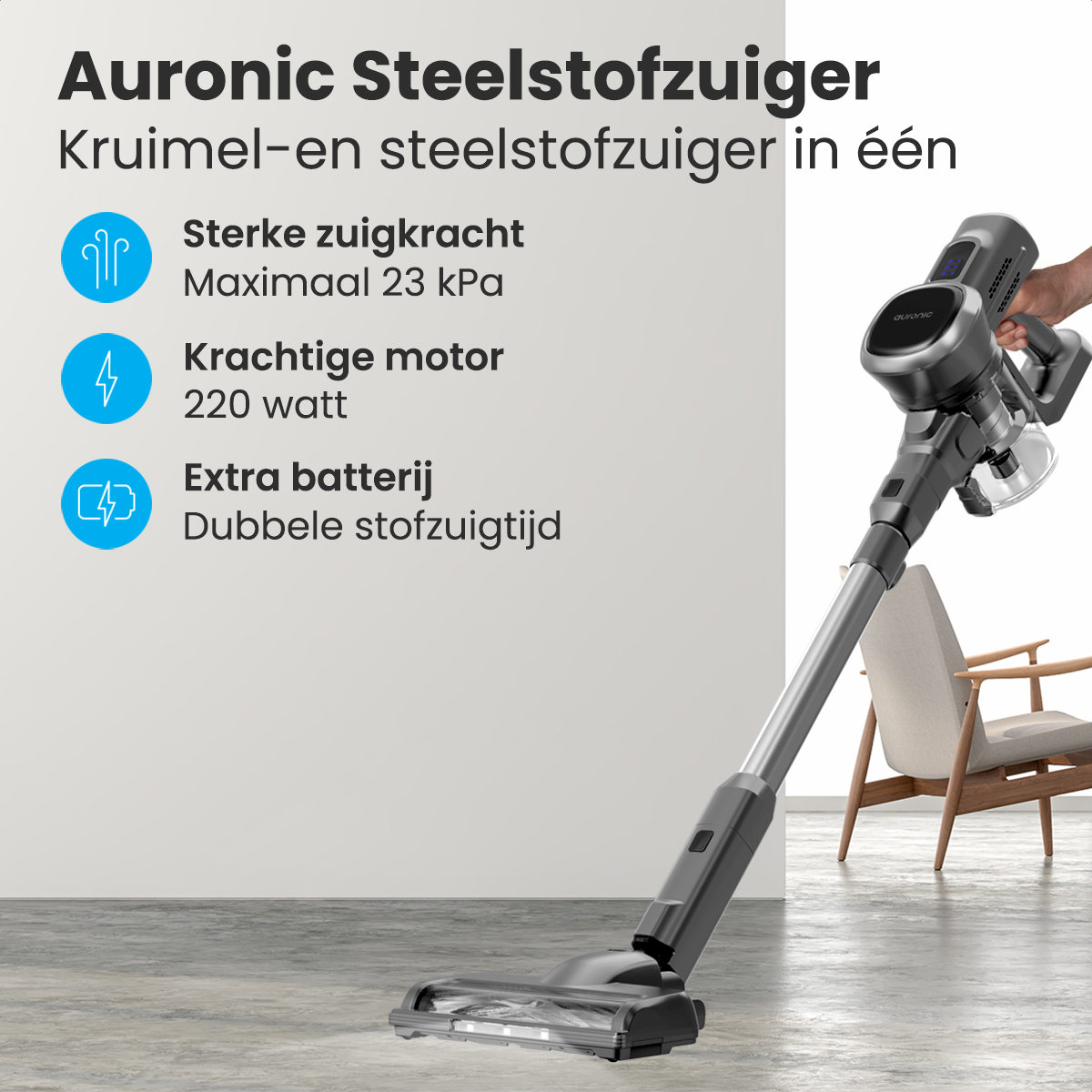 Aspirateur sans fil avec caractéristiques: forte aspiration, moteur puissant et batterie extra.