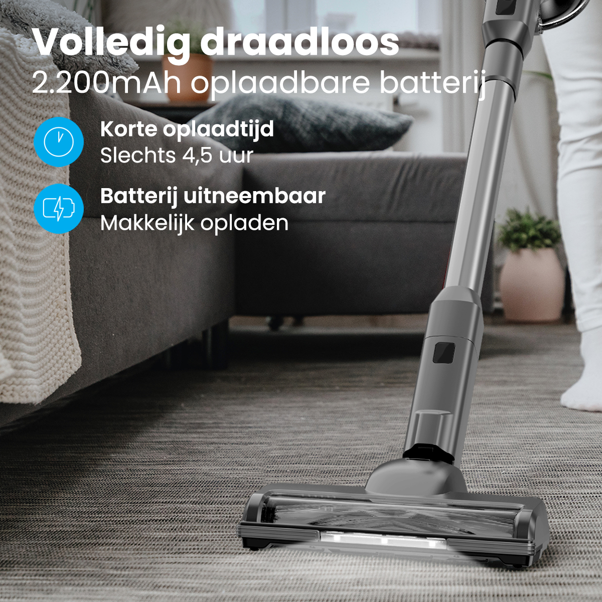 Aspirateur sans fil sur tapis. Texte :