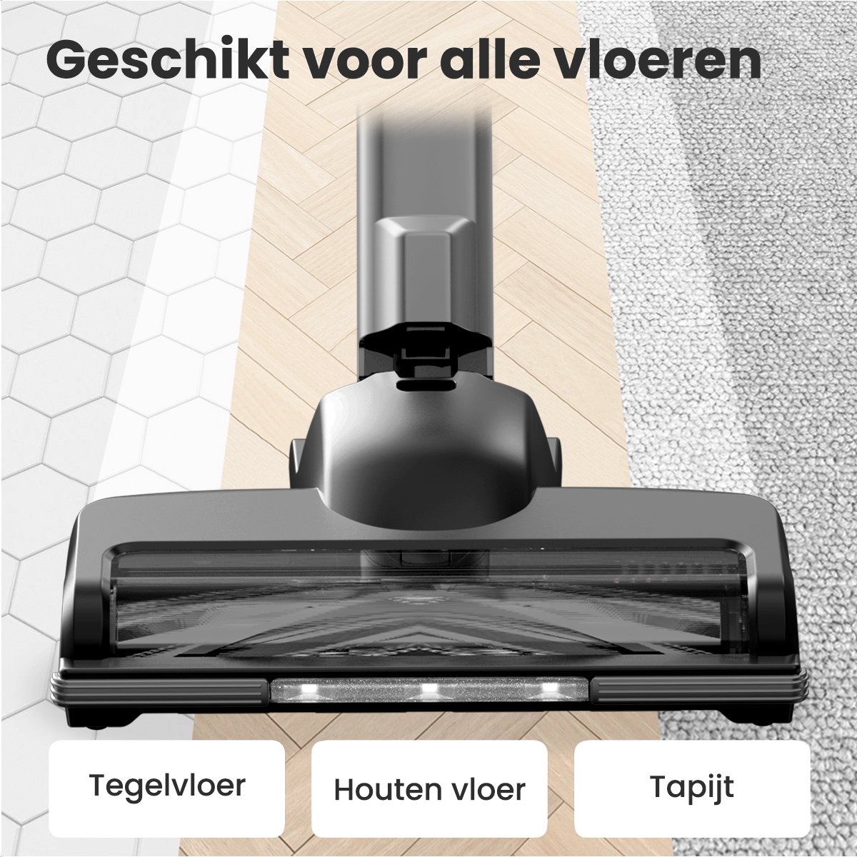 Tête d'aspirateur sur trois types de revêtements de sol différents. Texte : 'Convient à tous les sols'.