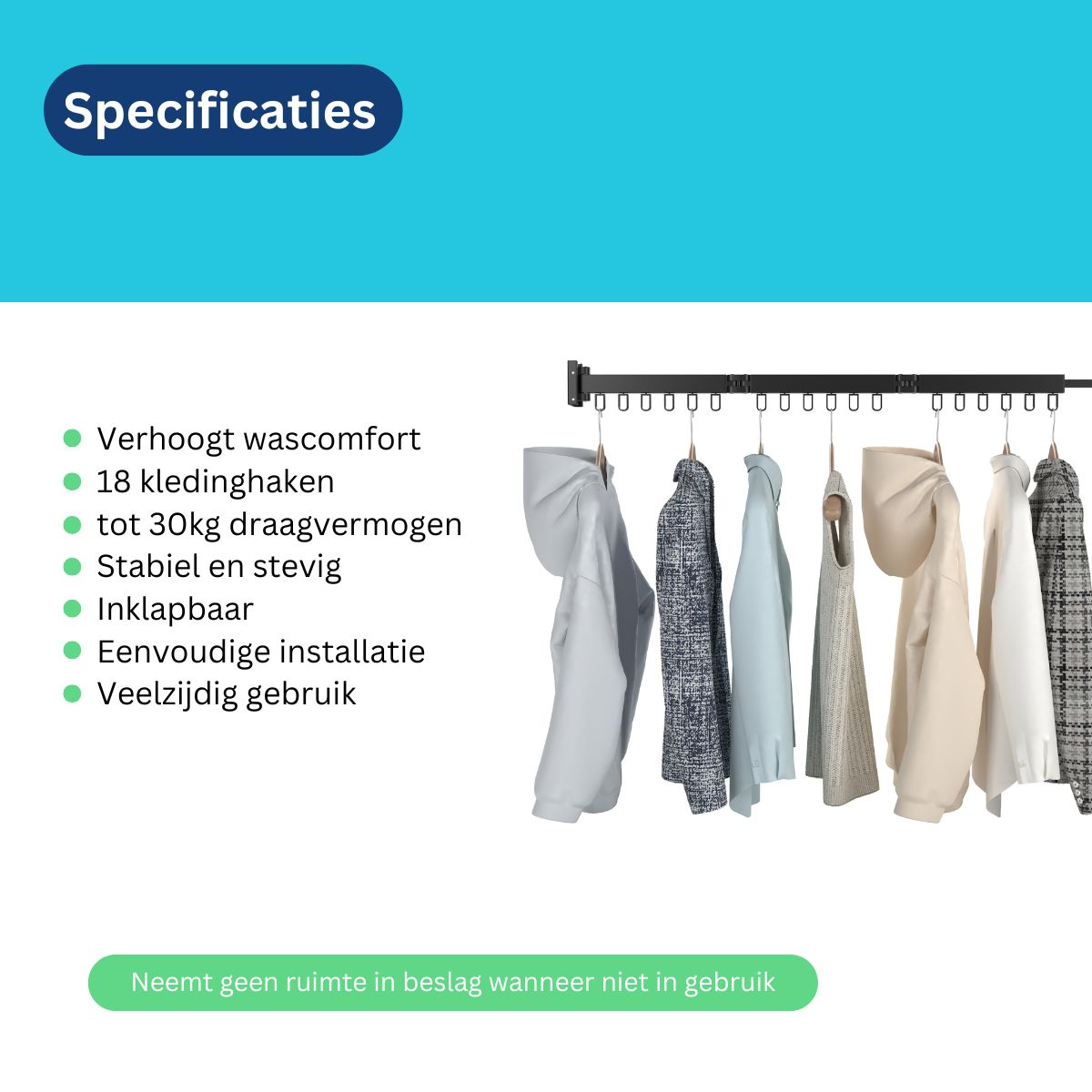 Clothes hanging on a rack attached to a wall, with text stating features like 18 hooks and versatile use.