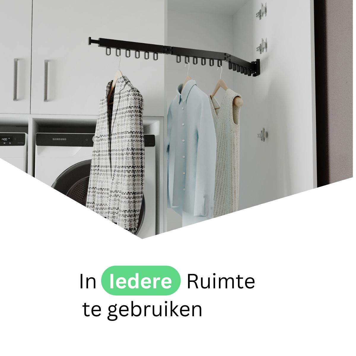 Clothes hanging on a rack with a washing machine and text in Dutch.