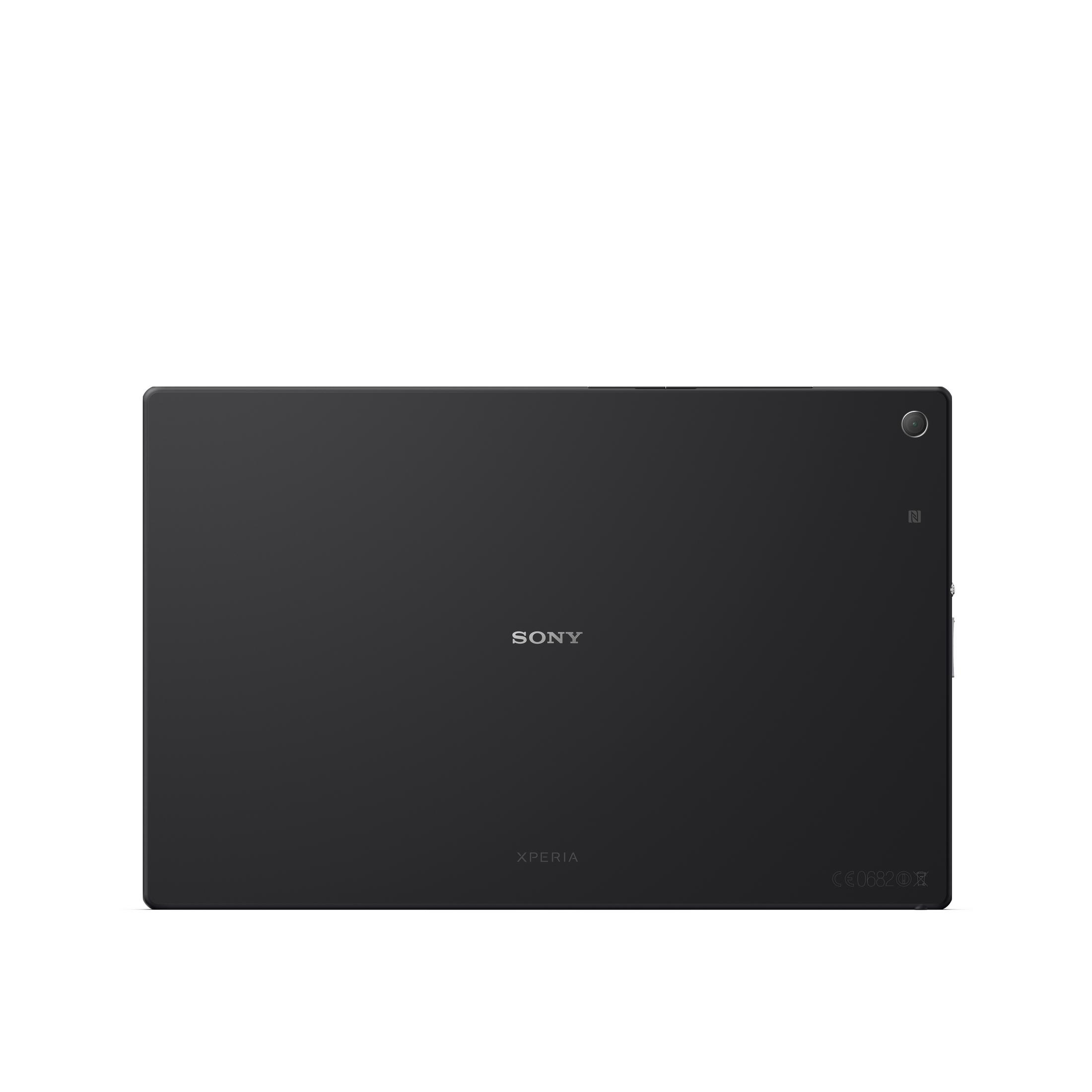 Rückseite eines schwarzen Sony Xperia Tablets mit Kameraobjektiv und Sony-Logo.
