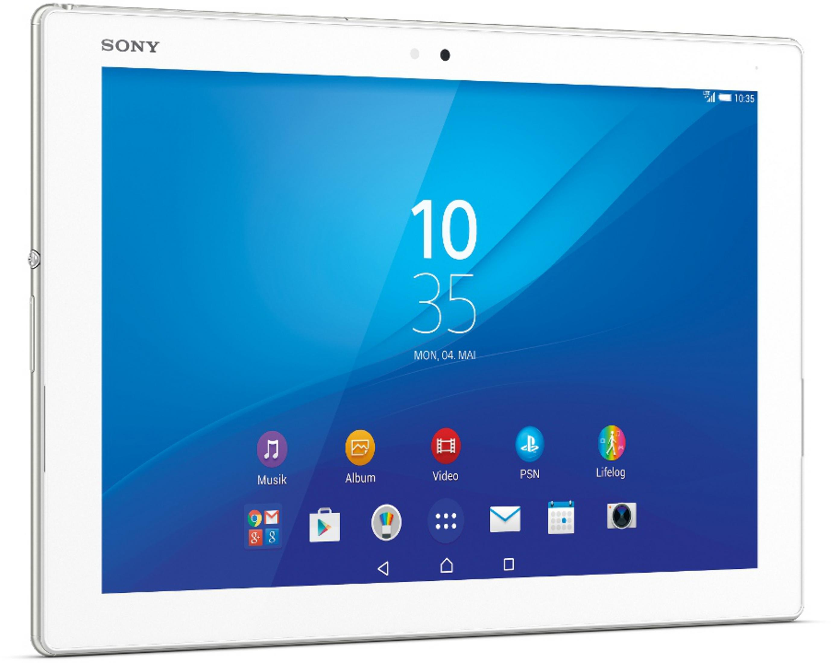 Ein weißes Sony-Tablet, das einen blauen Hintergrund mit Symbolen und der Uhrzeit anzeigt.