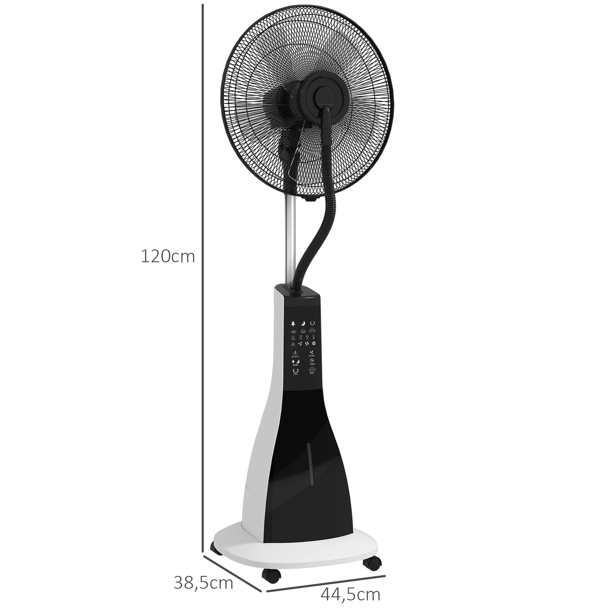 Ventilador alto blanco y negro con dimensiones, sobre suelo blanco.