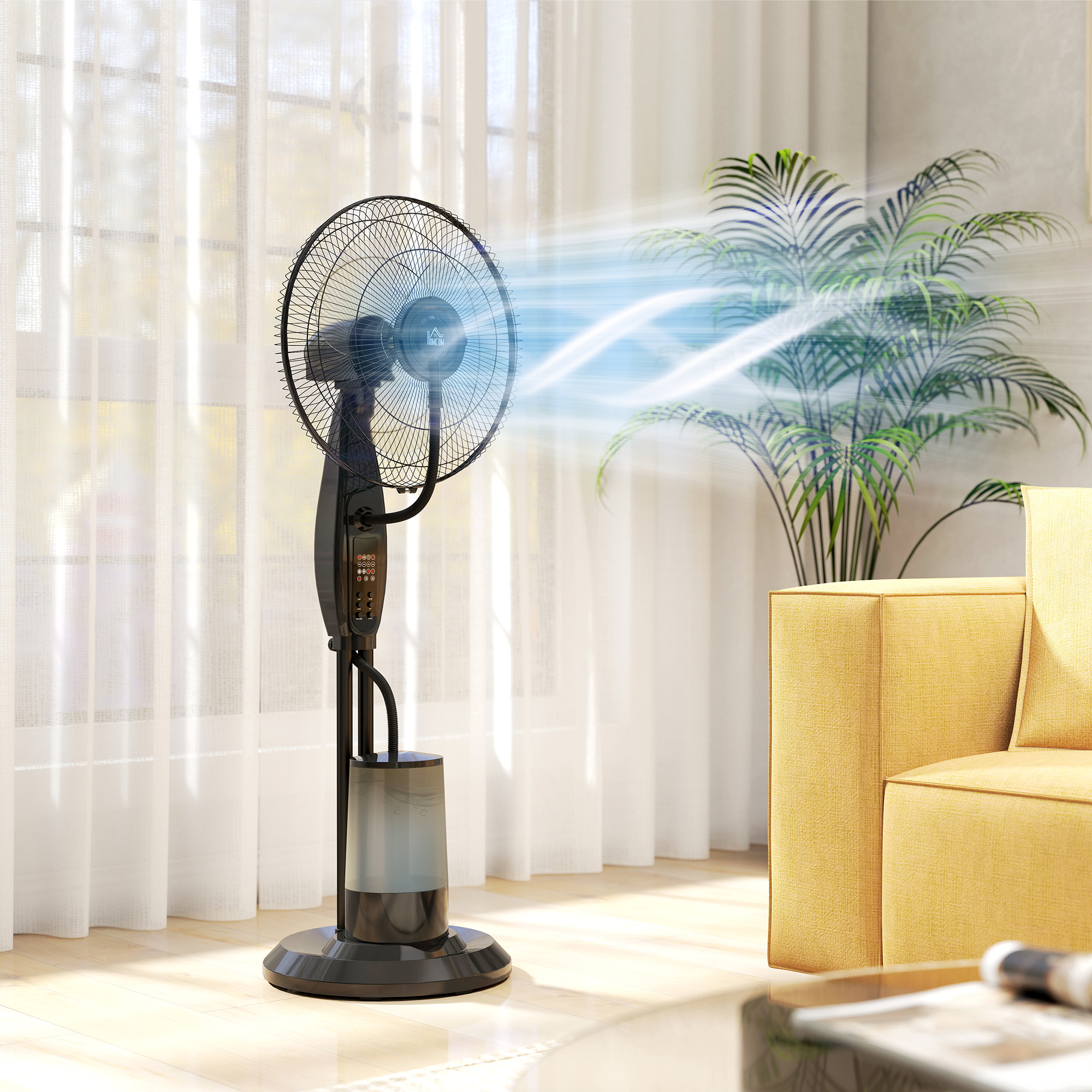 Ventilador negro de pie con controles, luz azul de las aspas y una planta en maceta.