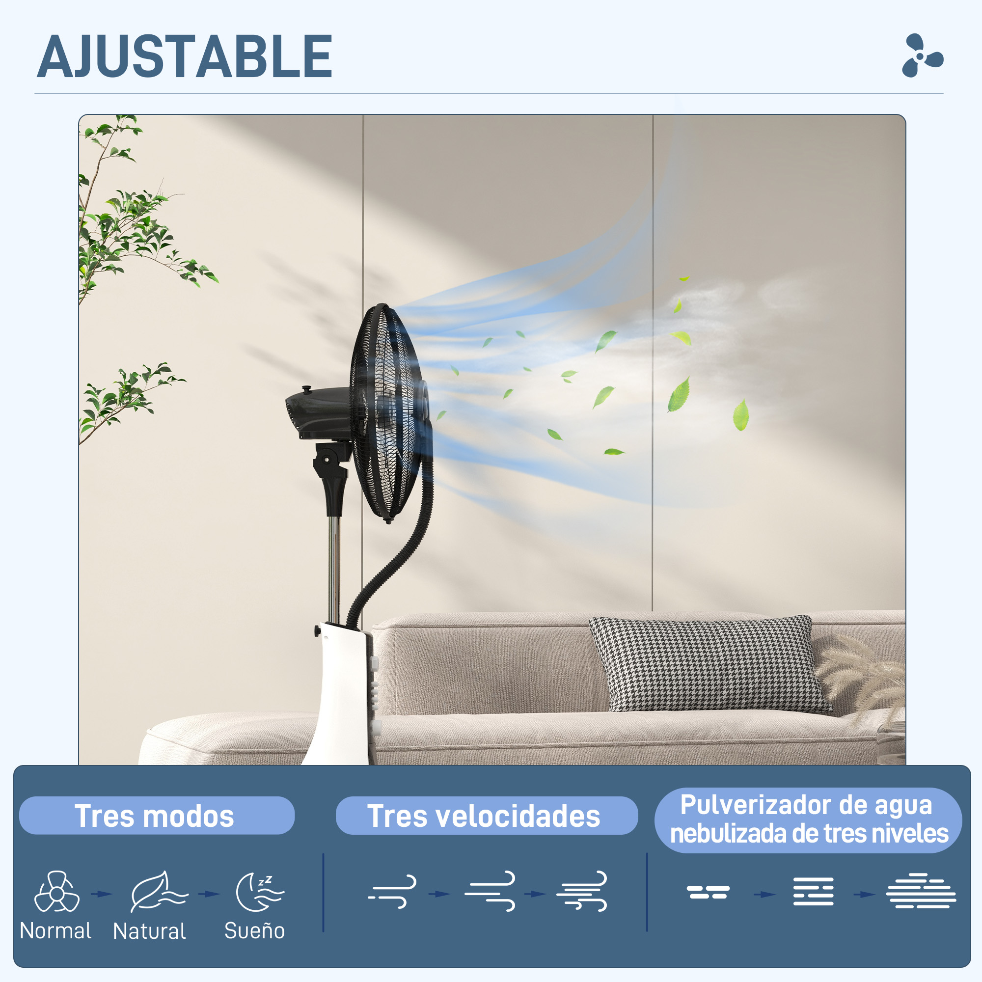 Ventilador negro en pie, niebla de agua, hojas y sofá beige en una habitación.