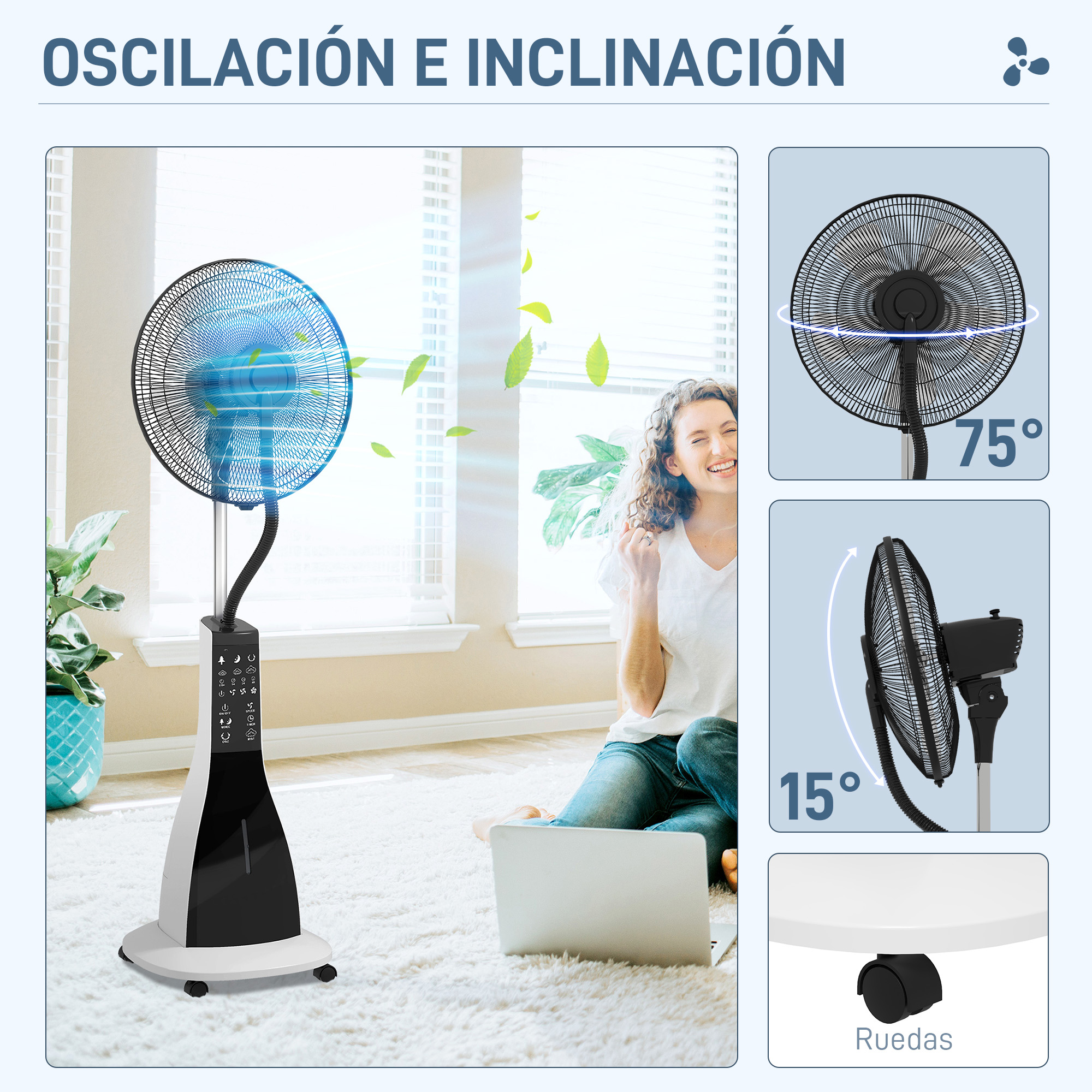 Un ventilador con aspas azules, una mujer sentada con un portátil. Se muestran los detalles y ángulos del ventilador.