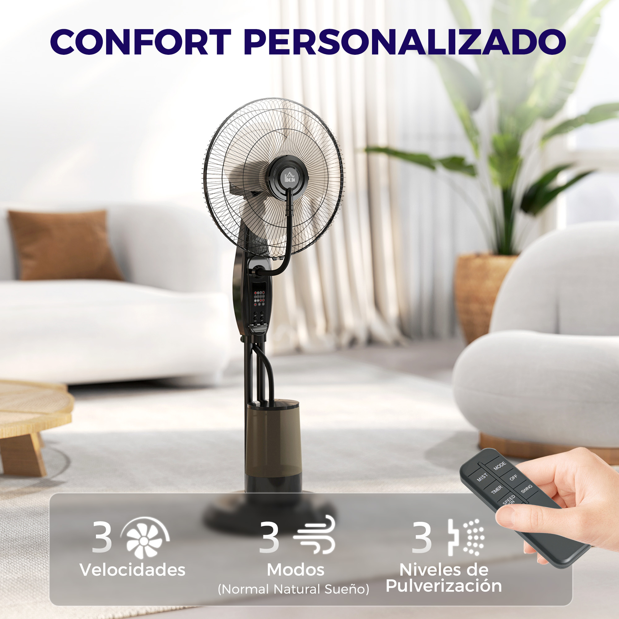 Un ventilador de pie con control remoto, con texto en español sobre 3 velocidades, modos y niveles de niebla.