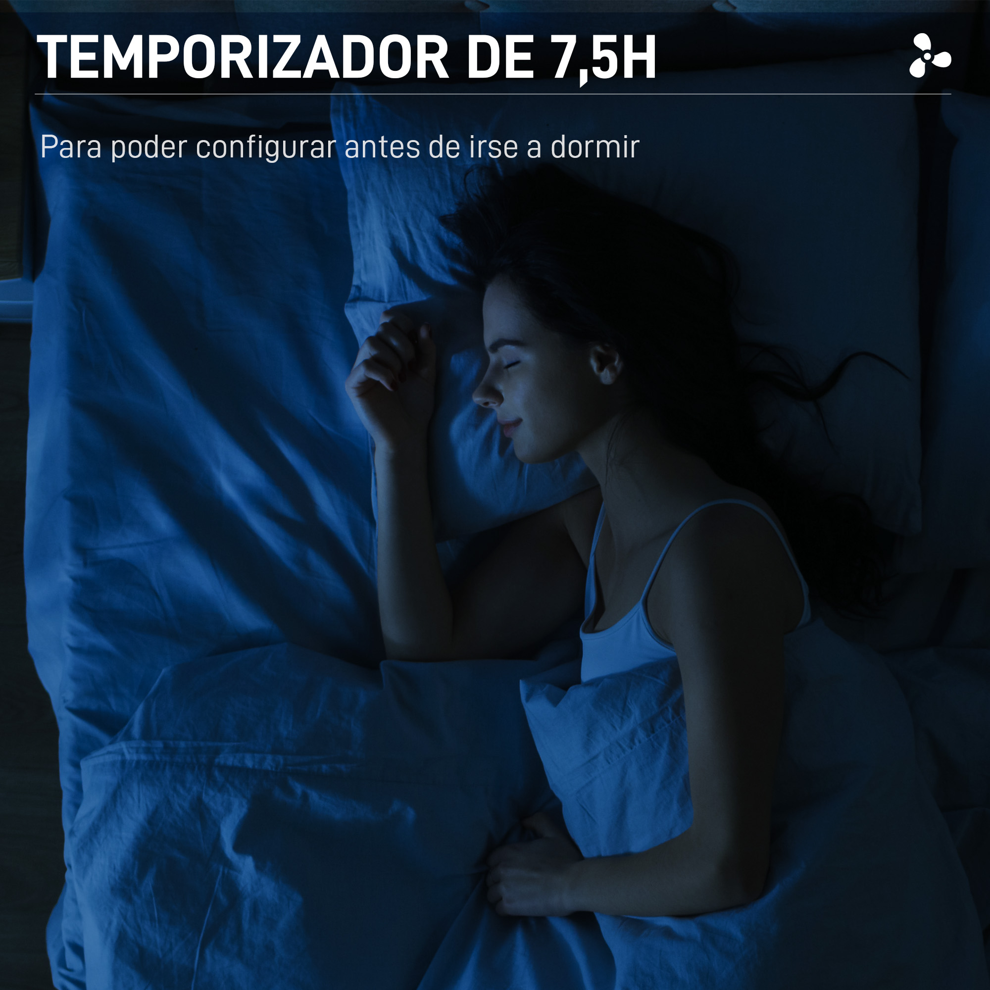 Mujer durmiendo en cama, iluminación azul, texto 'Temporizador 7,5H' arriba y texto abajo.
