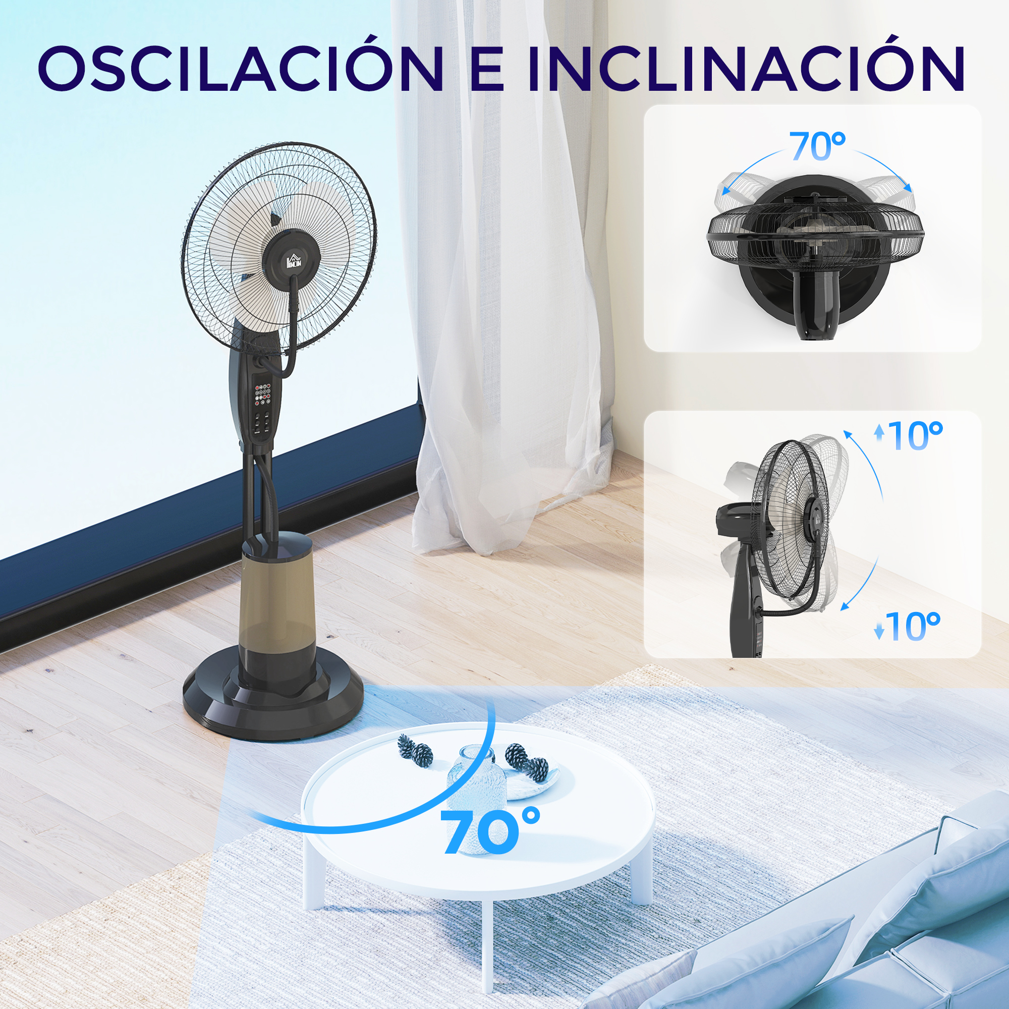 Ventilador oscilante negro y beige con flechas direccionales (70 y 10 grados).
