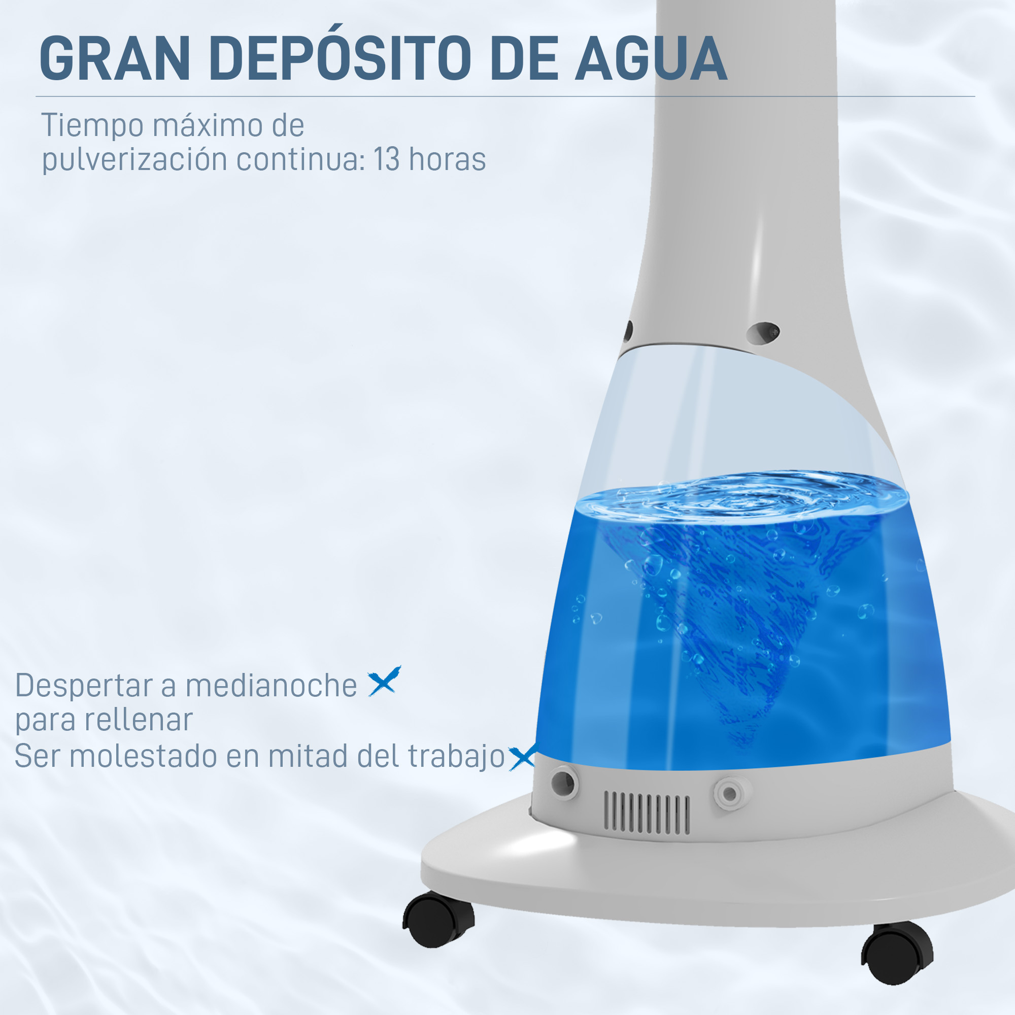 Humidificador blanco mostrando un depósito de agua. Textos indican 13 horas de pulverización continua.