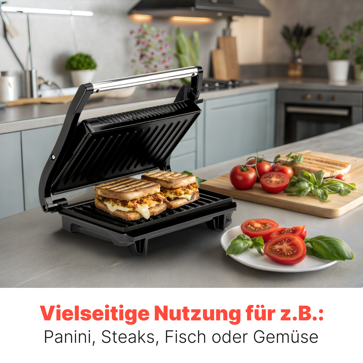 Sandwiches auf einem Grill, mit Tomaten und Basilikum. Text: Vielseitige Nutzung.