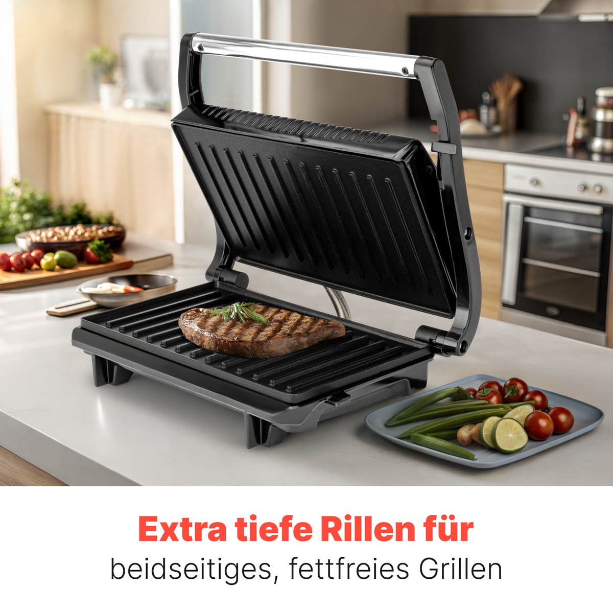 Patelnia grillowa z usmażonym stekiem i warzywami. Tekst: Bardzo głębokie rowki do grillowania bez tłuszczu.