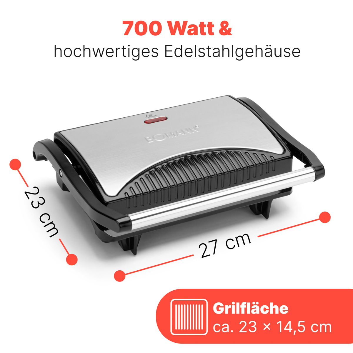Obraz przedstawia wymiary i cechy grilla o mocy 700 watów i obudowie ze stali nierdzewnej.