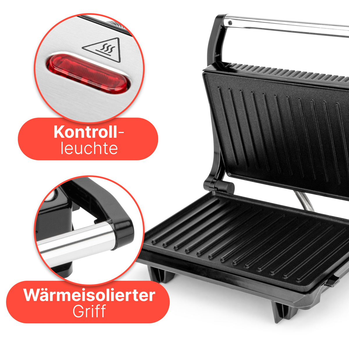 Obraz przedstawia zbliżenie grilla, podkreślając jego lampkę kontrolną i termoizolowany uchwyt.