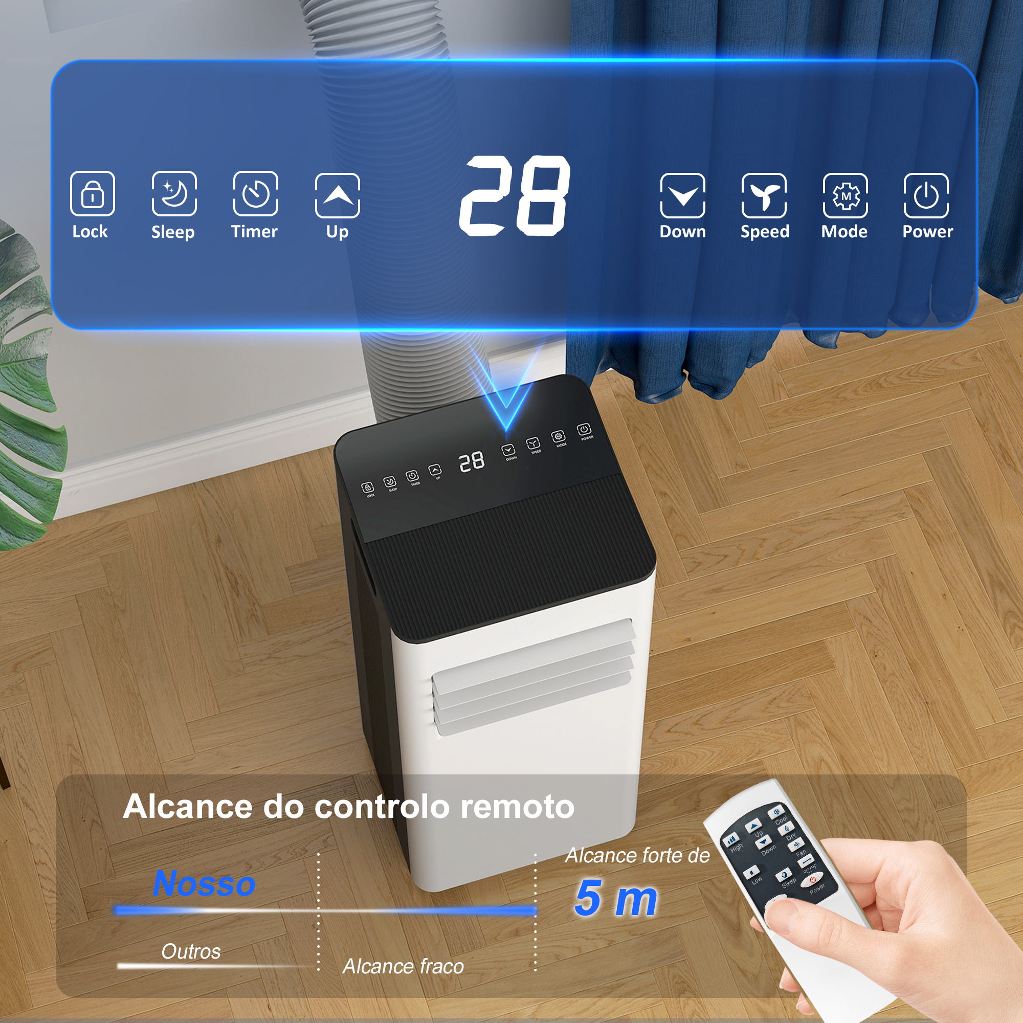 Un enfriador de aire portátil con un control remoto.