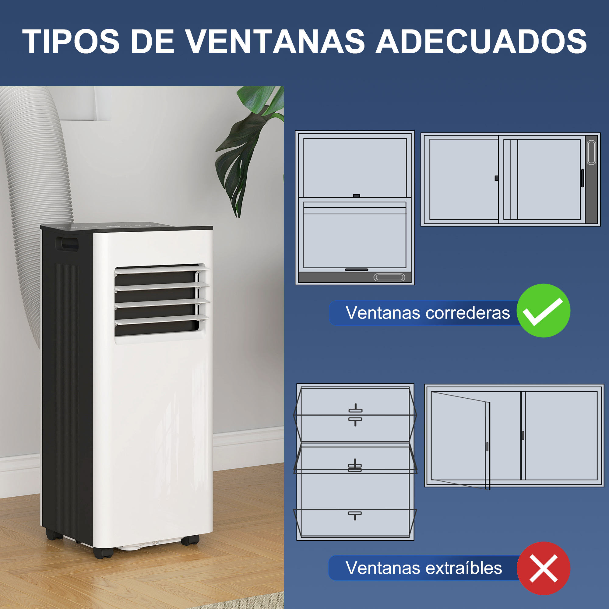 Un acondicionador de aire con cuerpo blanco y detalles negros, con conducto flexible y ventana gris.