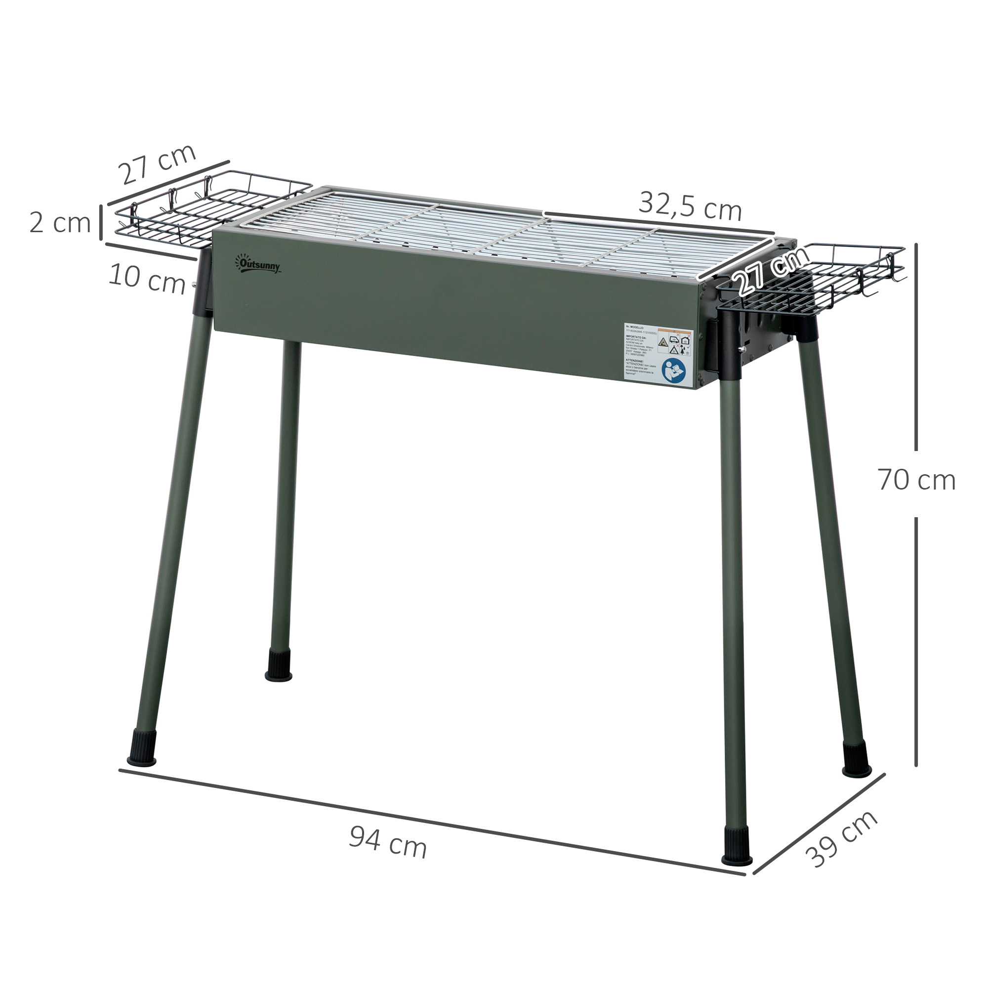Una parrilla para exteriores con dimensiones anotadas. La parrilla es verde con patas negras y estantes laterales.