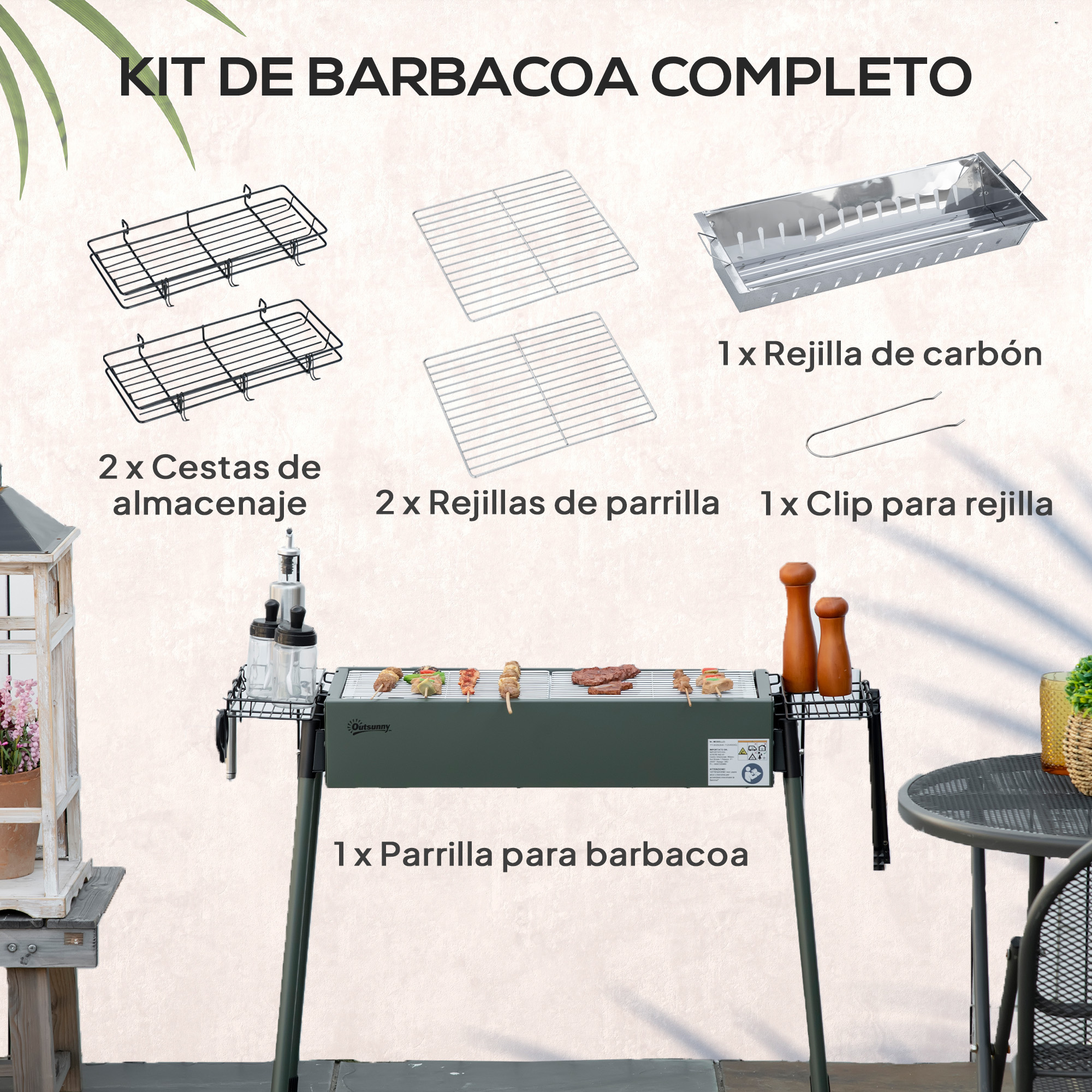 Un kit completo de barbacoa con varias herramientas para asar. Incluye parrilla, rejillas y accesorios.