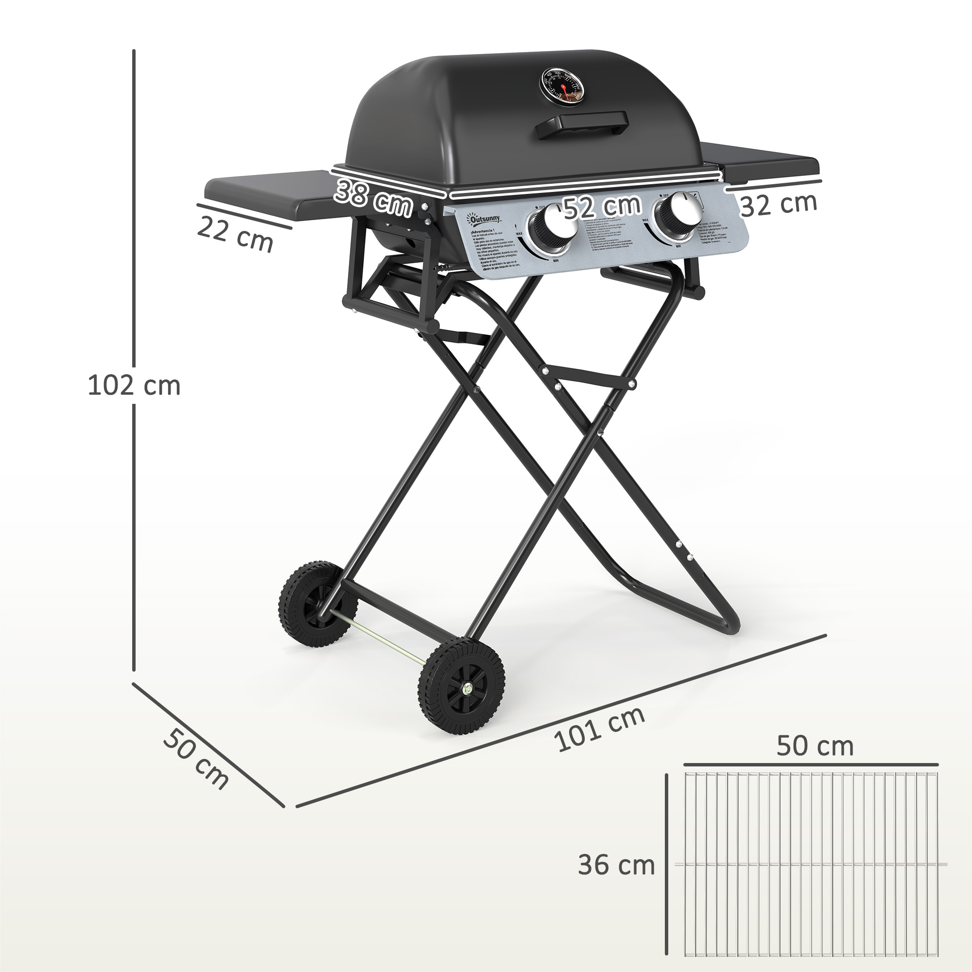 Griglia nera con dimensioni, incluso un telaio largo 101 cm e una griglia di 52 cm.