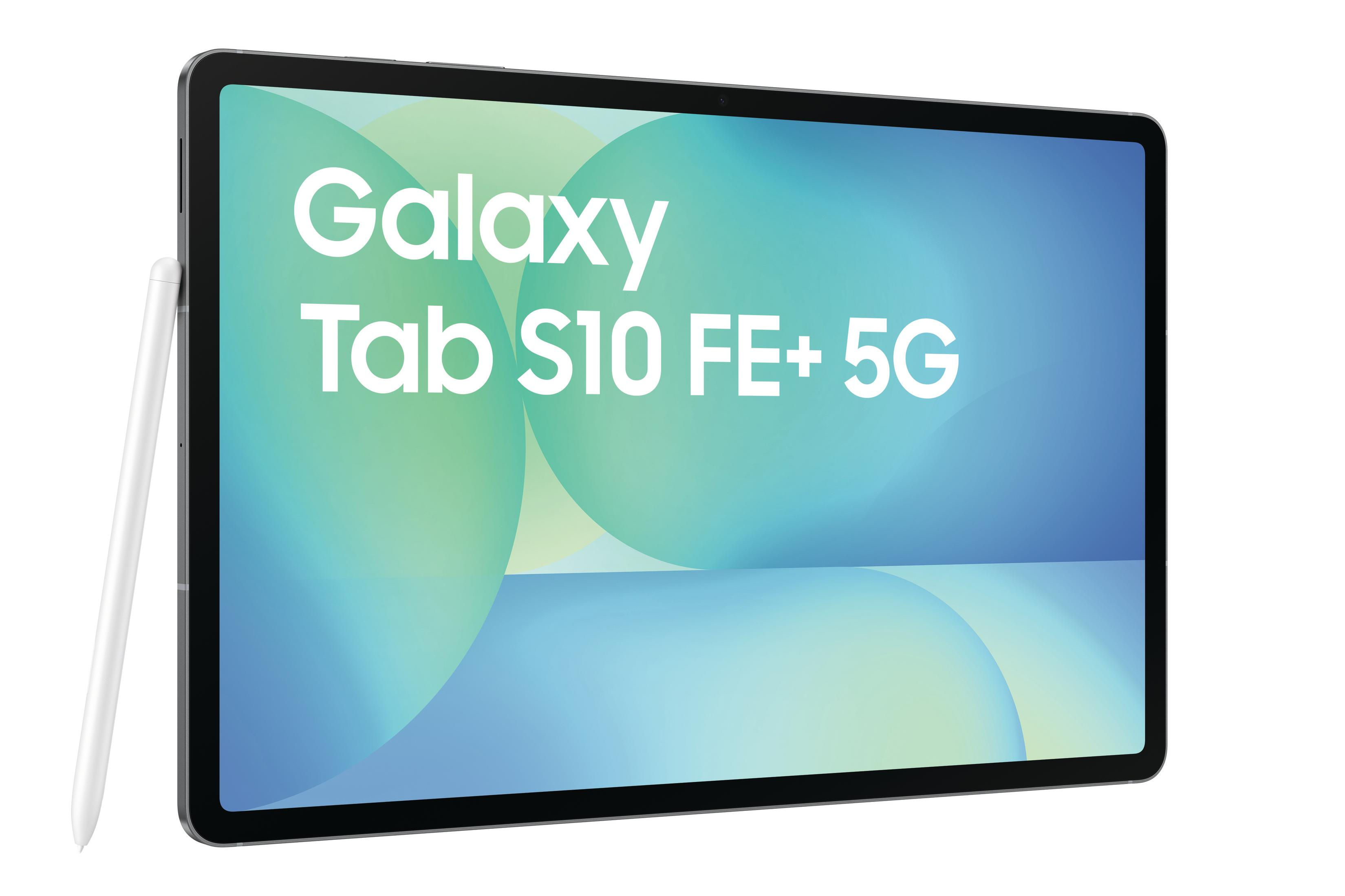 Tablet z tekstem "Galaxy Tab S10 FE+ 5G" z białym rysikiem.