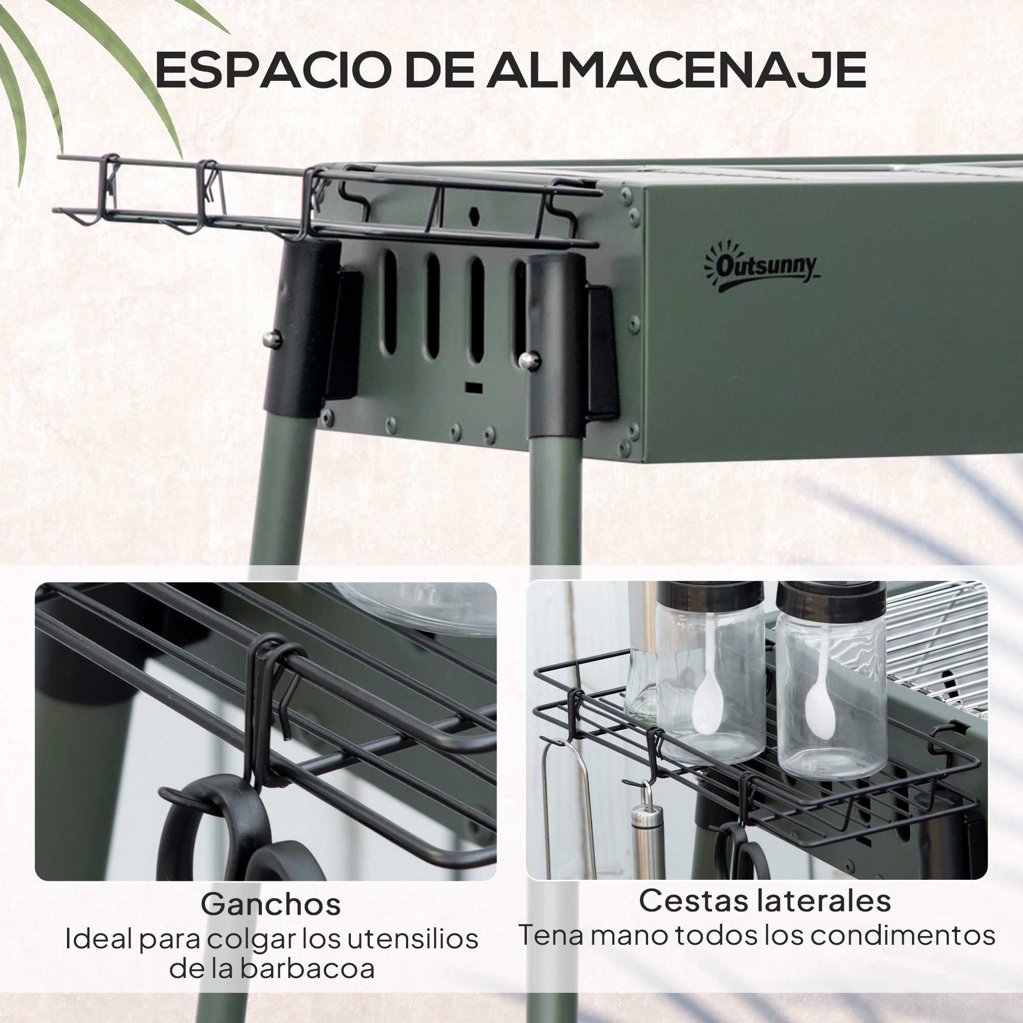 Primer plano del área de almacenamiento de barbacoa con ganchos, estantes y frascos. Texto en español.