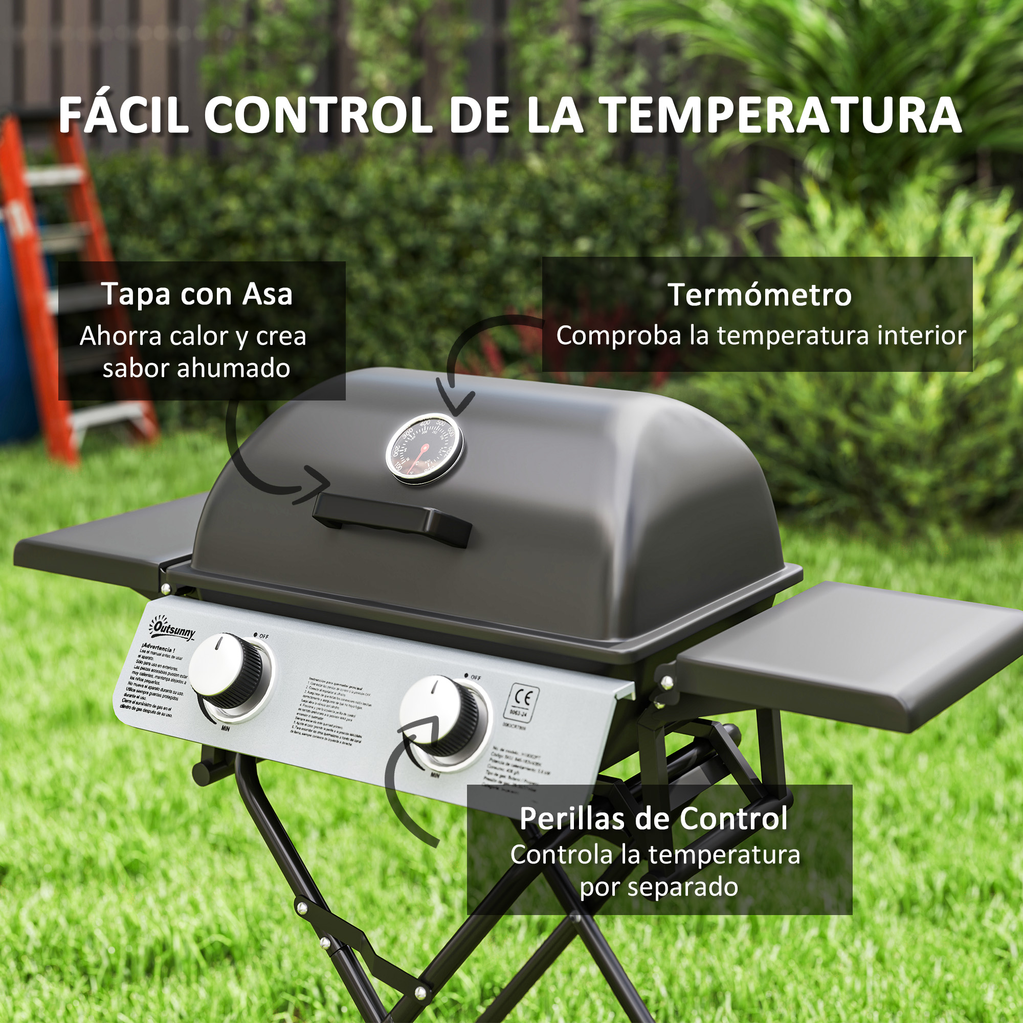 Una parrilla con partes etiquetadas, incluida una tapa con termómetro.