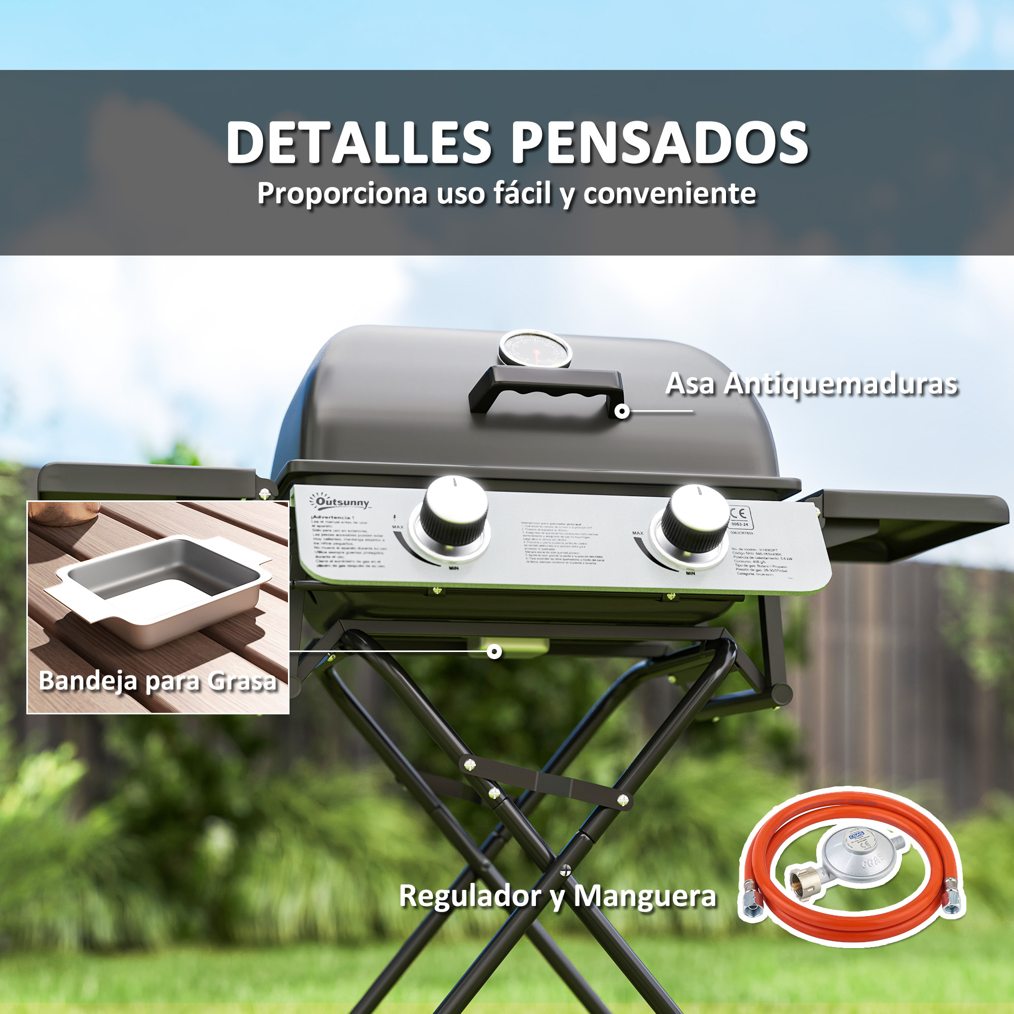 Una parrilla de gas con texto en español. También muestra una bandeja y una manguera.