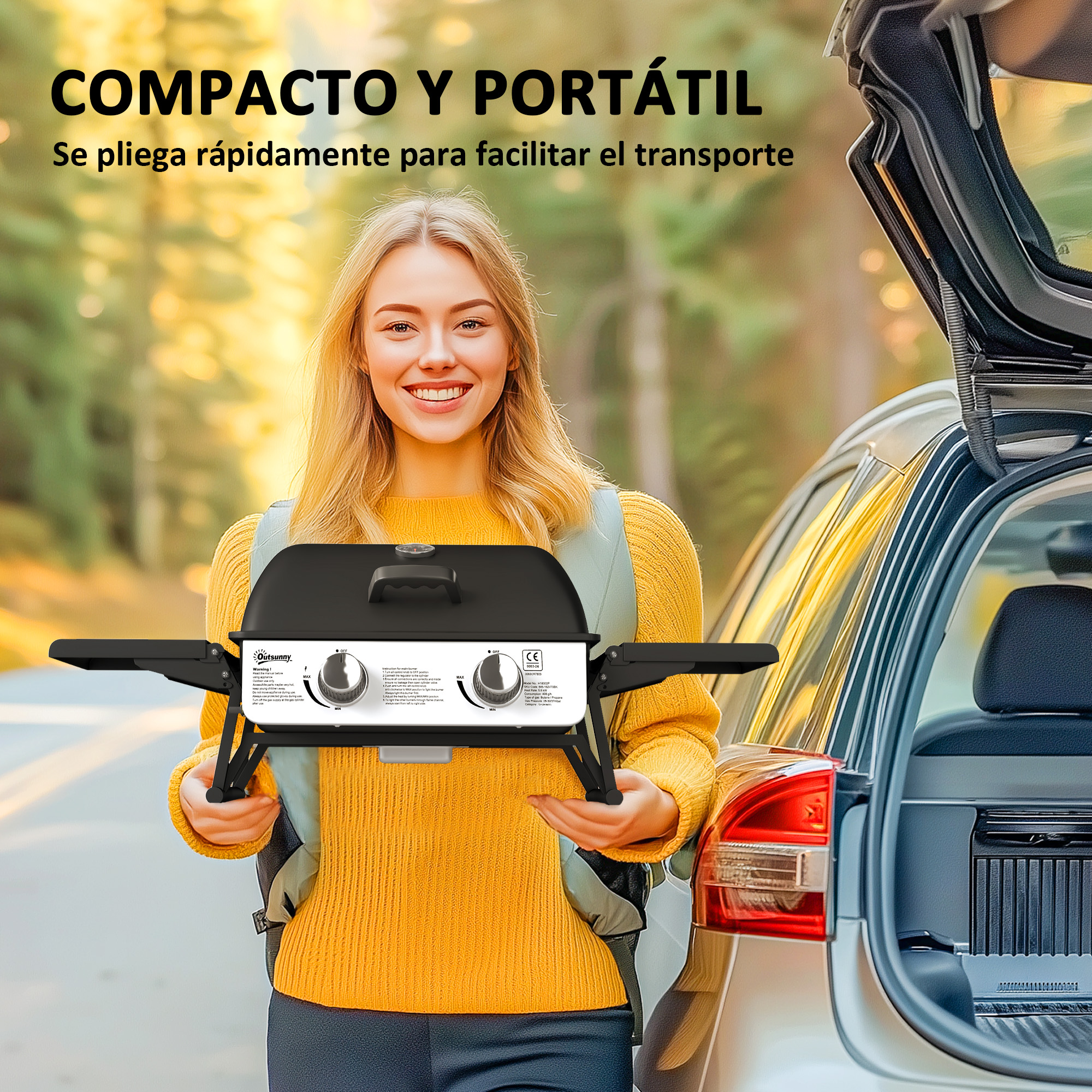 Mujer con parrilla portátil, junto a un coche. Texto superior: Compacto y portátil. Texto inferior: Se pliega rápido.