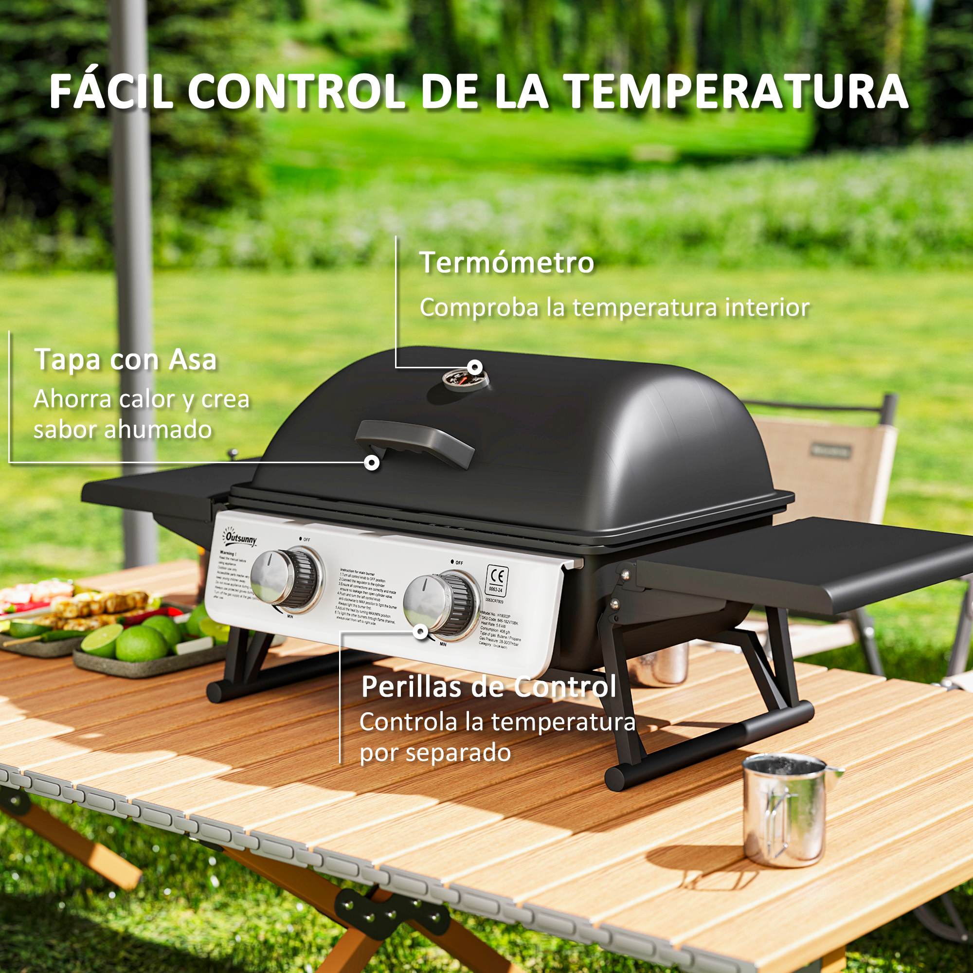 Una parrilla negra sobre una mesa de madera con anotaciones en español.