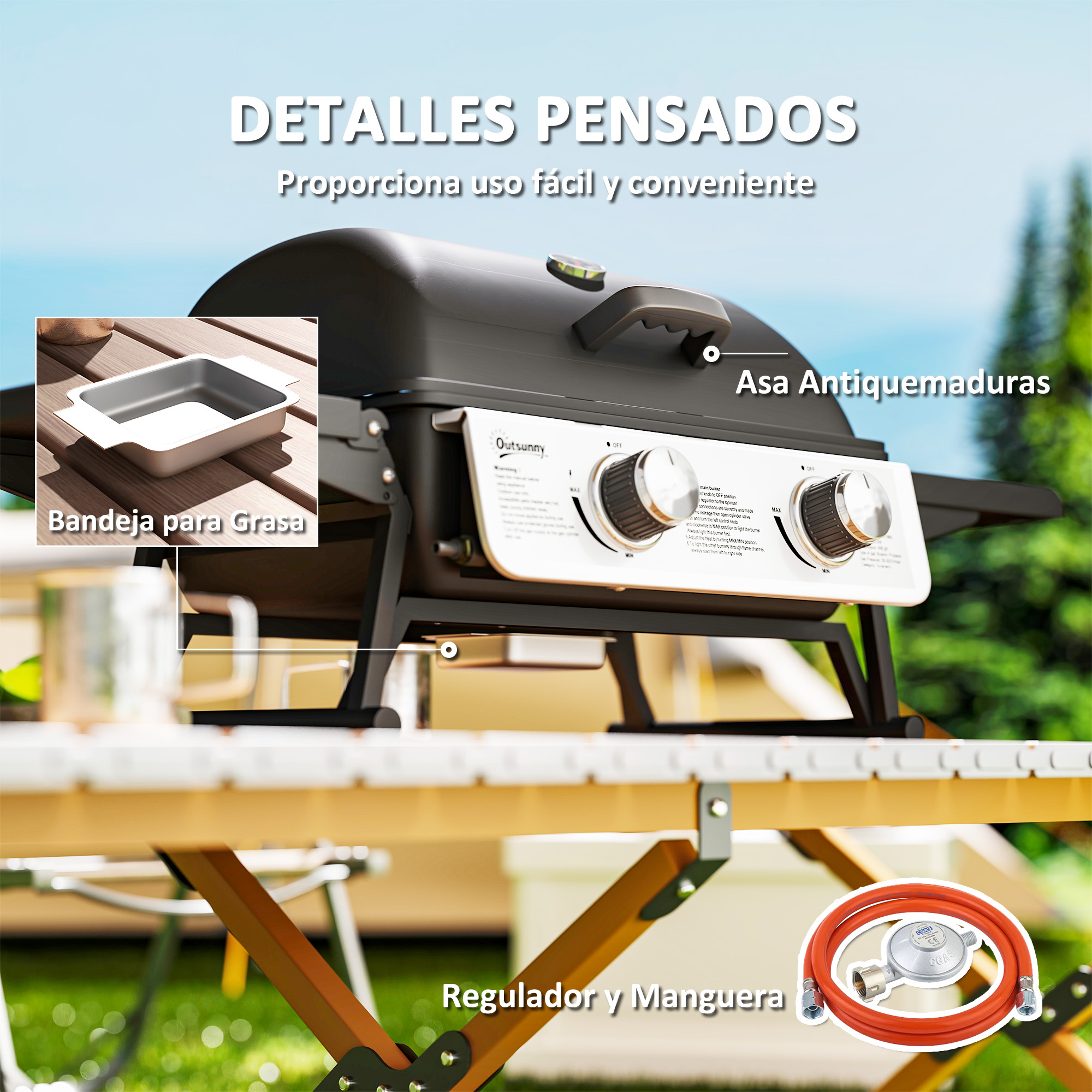 Una parrilla negra con una bandeja y una manguera. Texto en español describe la parrilla y sus características.