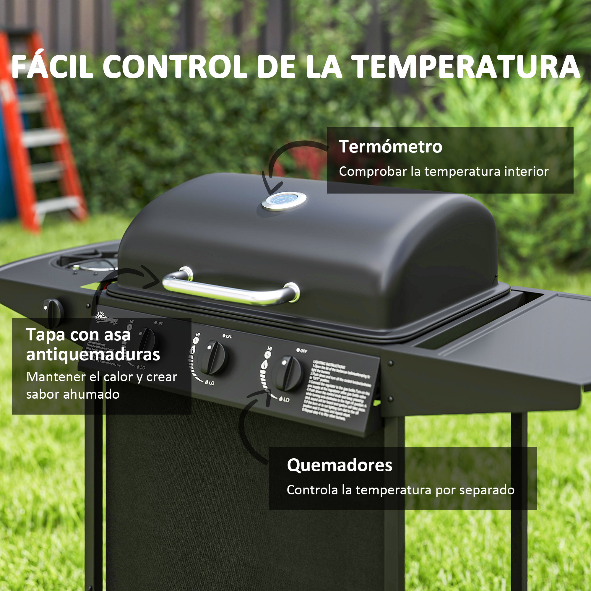 Parrilla negra con texto en español, etiquetas y fondo verde.
