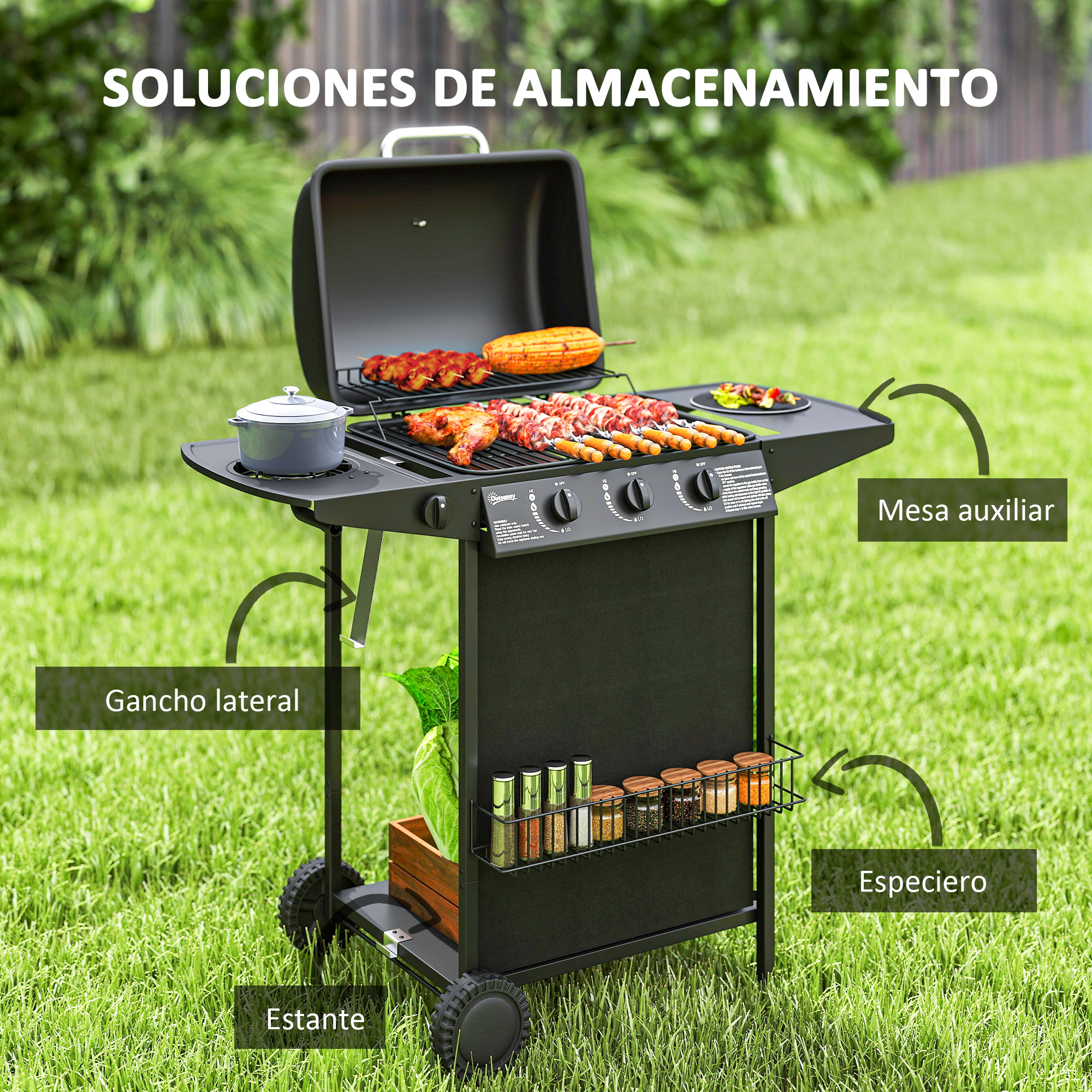 Una parrilla al aire libre con comida, una mesa y almacenamiento.