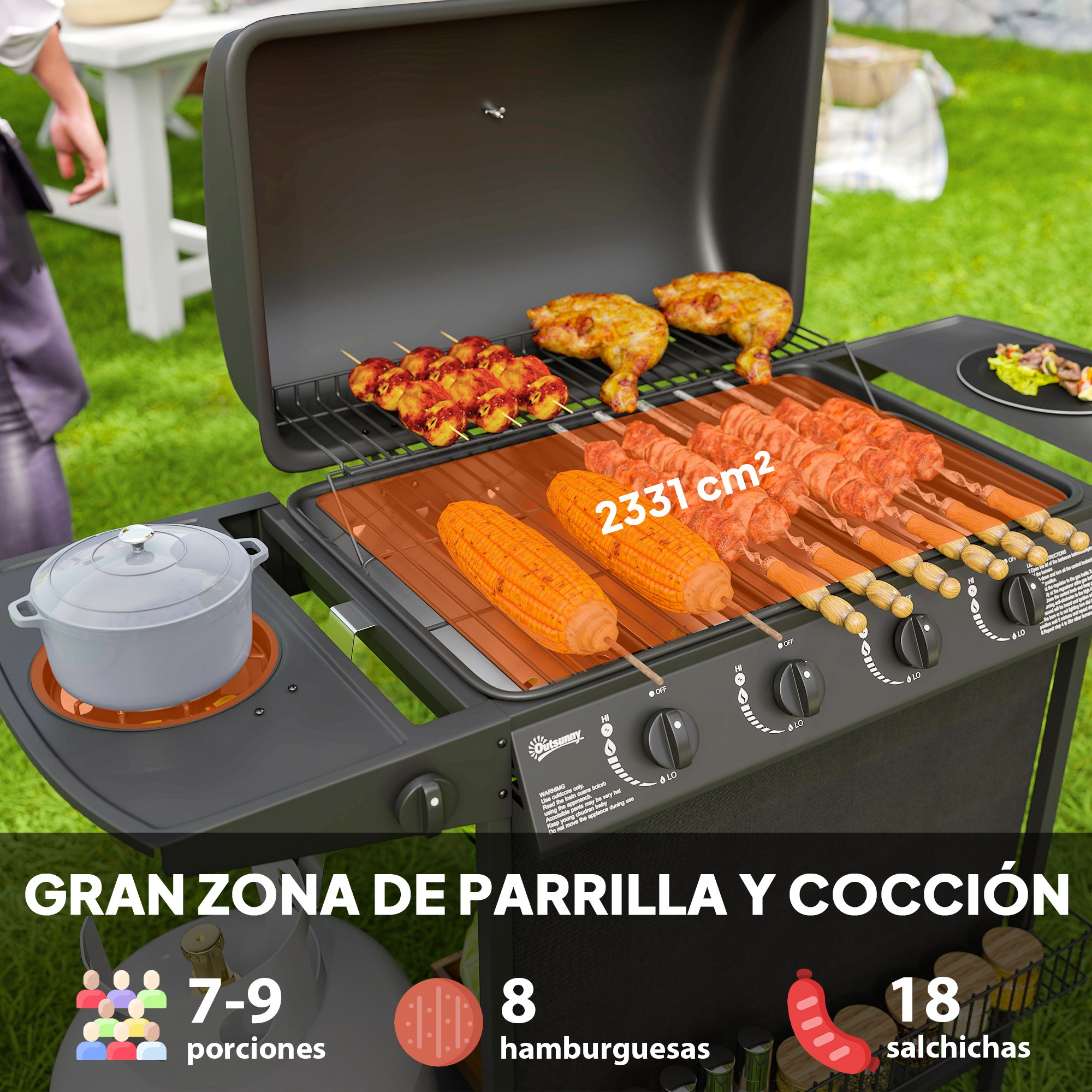Una parrilla de gas con comida: maíz, salchichas, pollo. Texto indica área y porciones.