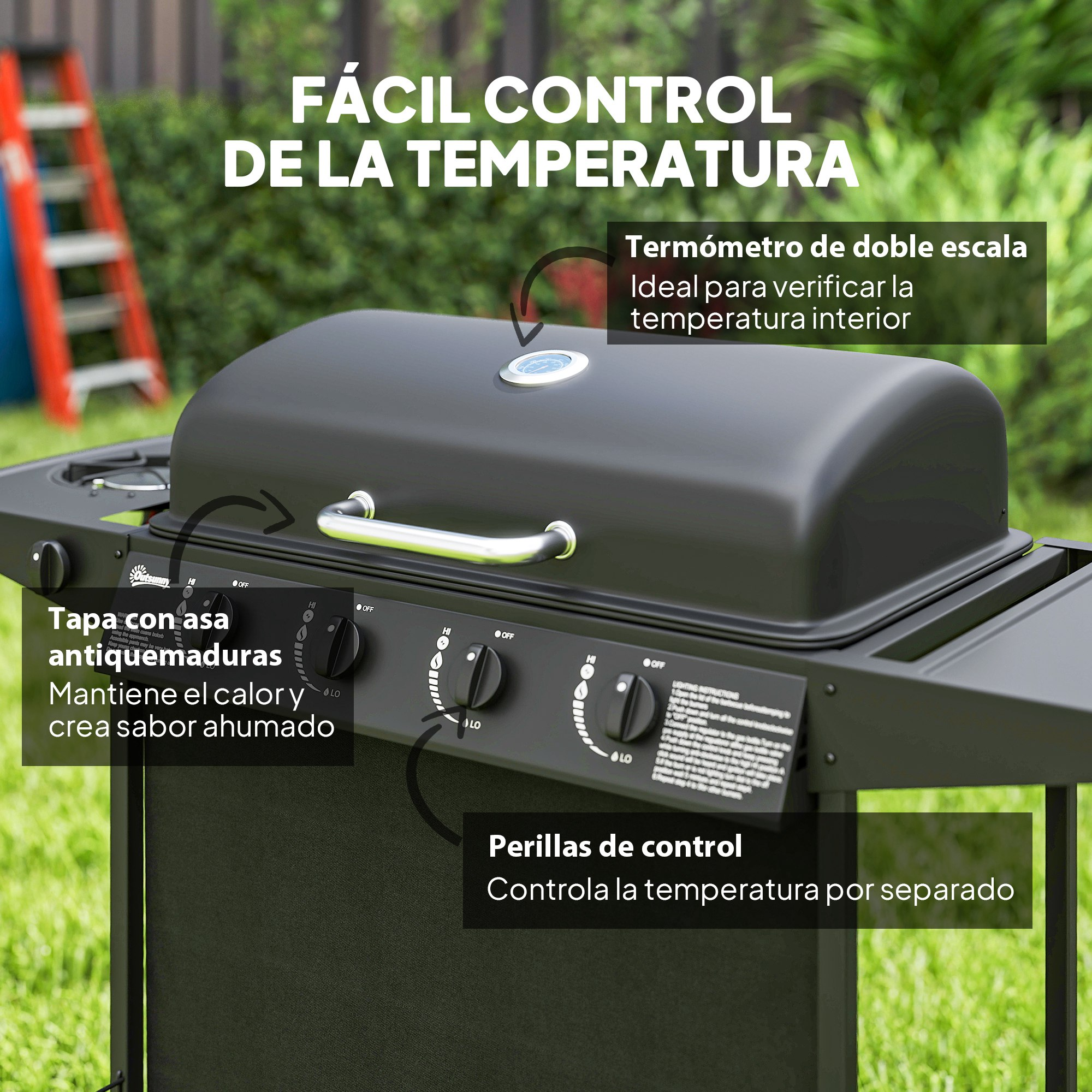 Primer plano de una parrilla negra con información en español sobre control de temperatura.