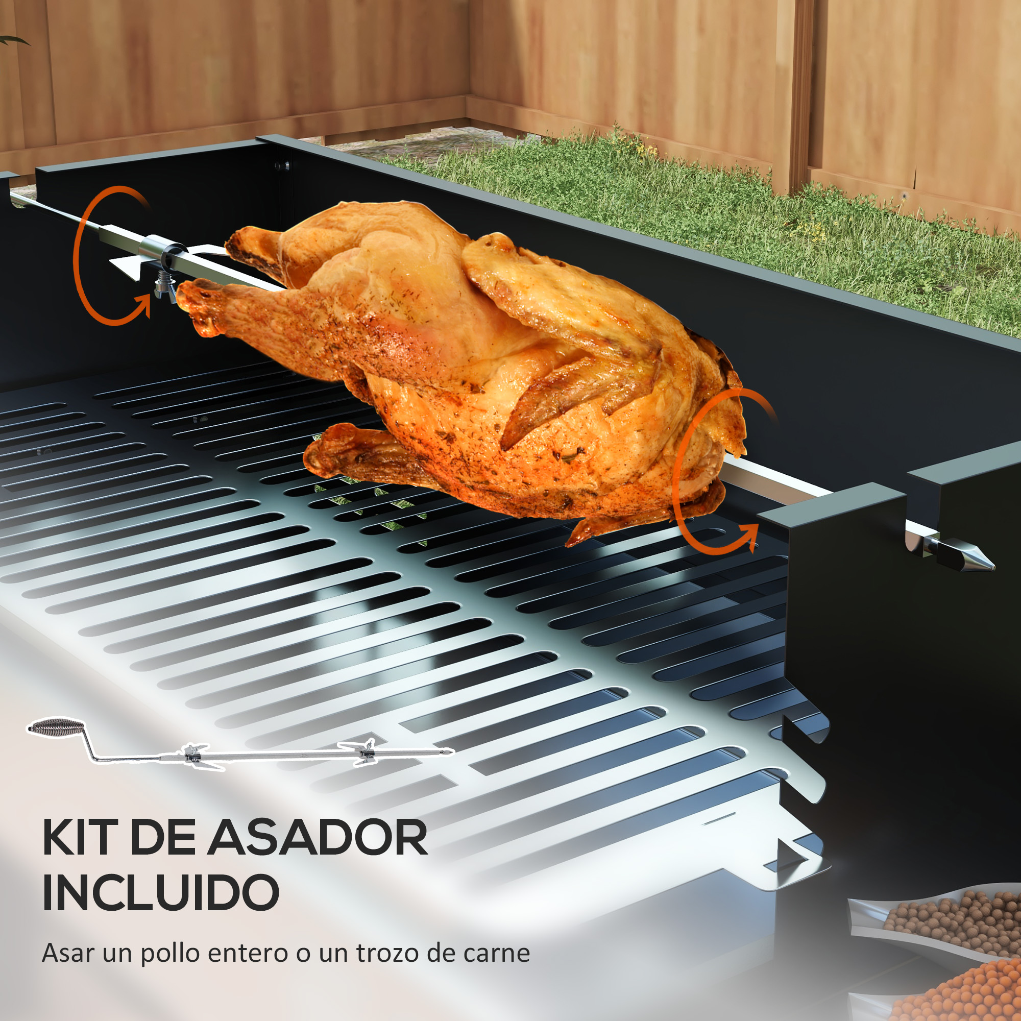 Pollo asado en una parrilla, con kit incluido e instrucciones.