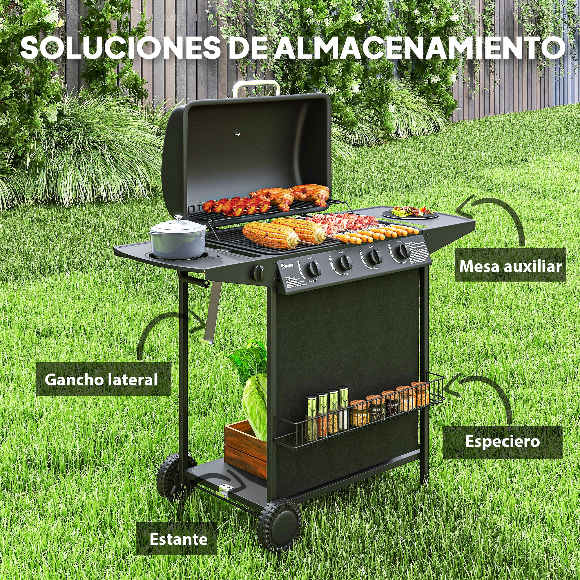 Una parrilla negra con comida, herramientas y etiquetas, sobre césped verde, con anotaciones de texto.
