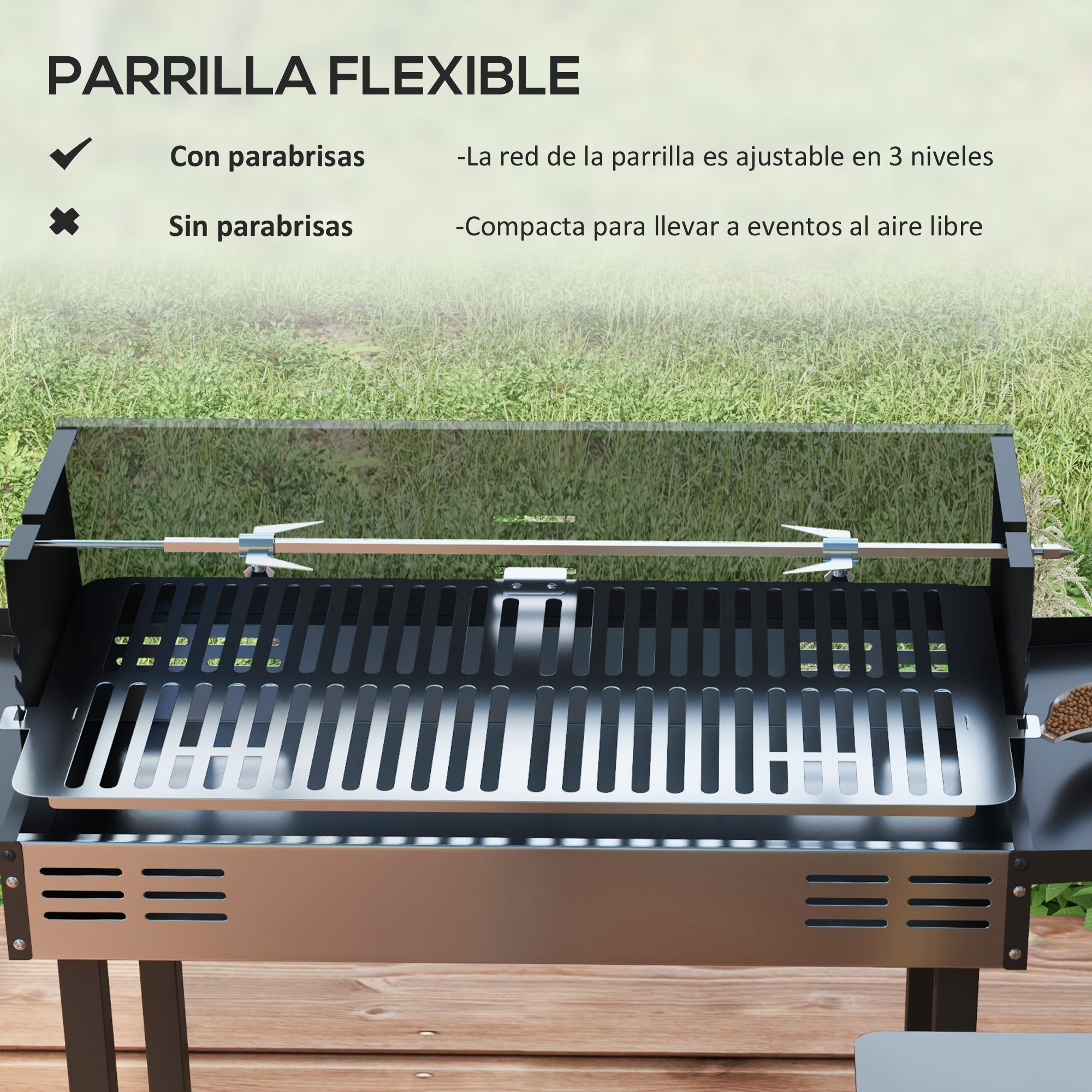 Vista de una parrilla con el texto Parrilla Flexible. La parrilla está abierta con una rejilla.