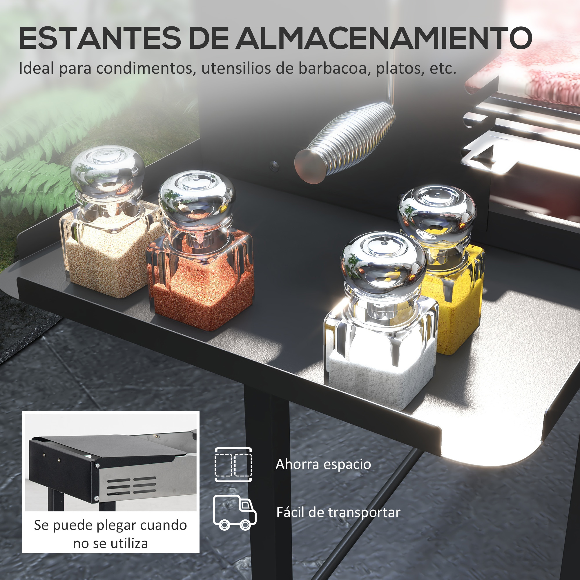 Estante negro con botes de especias, ideal para barbacoa. Texto en español.