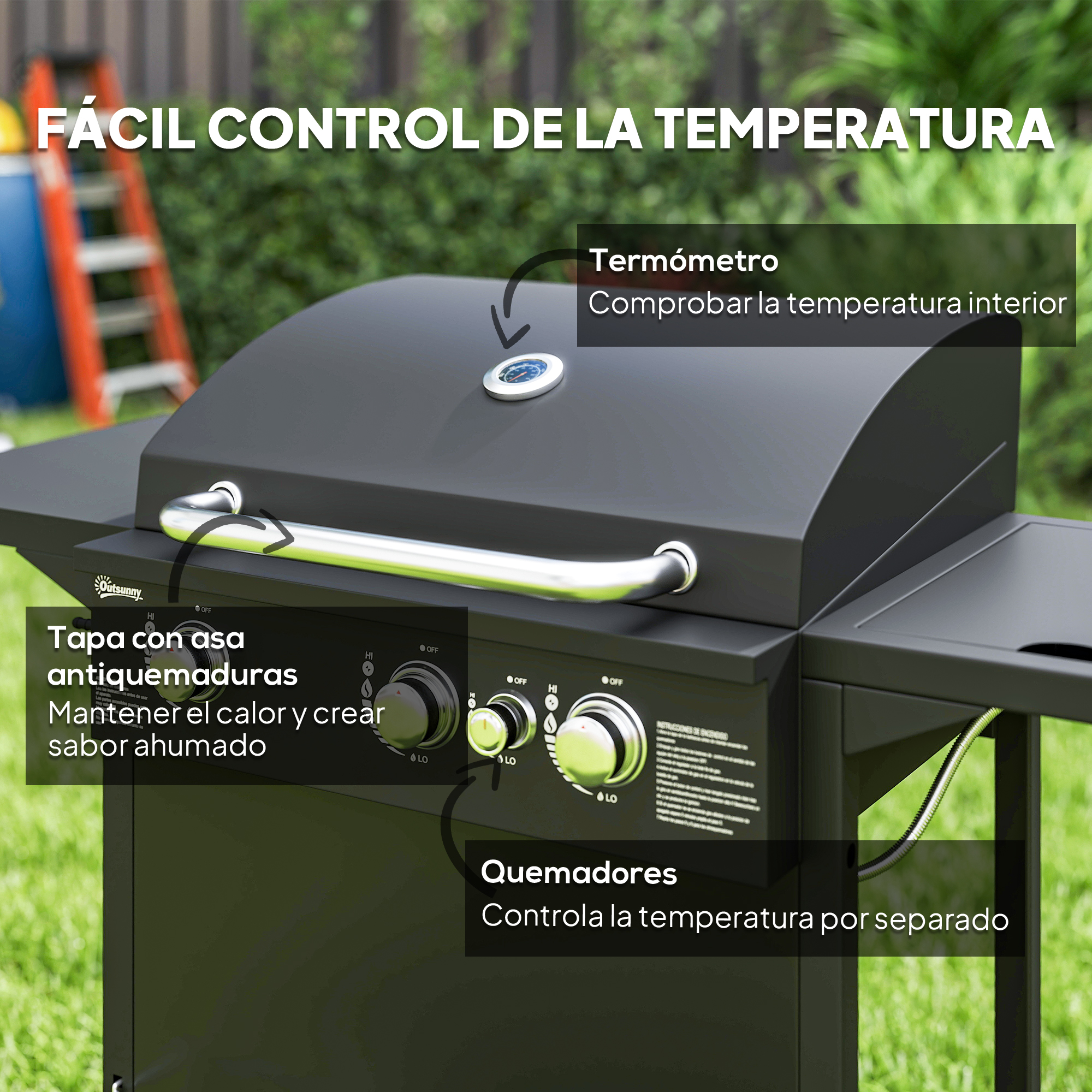 Parrilla negra con etiquetas de texto para elementos de control de temperatura, al aire libre con fondo verde.