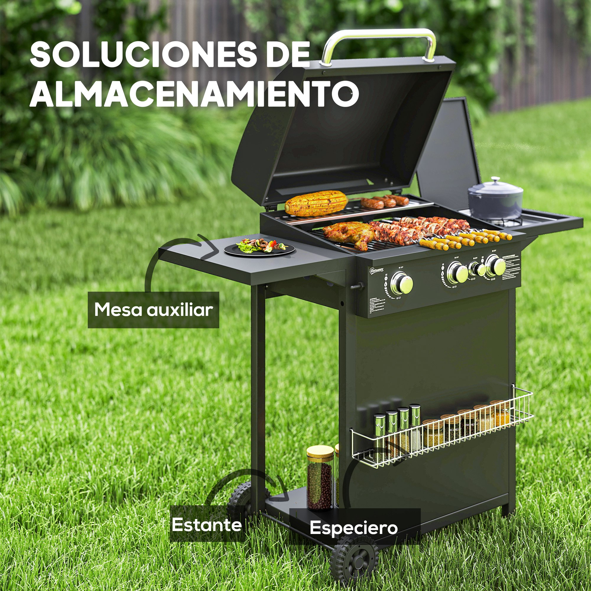 Parrilla negra con soluciones de almacenamiento. Incluye una mesa auxiliar, un estante y un especiero con varios artículos.