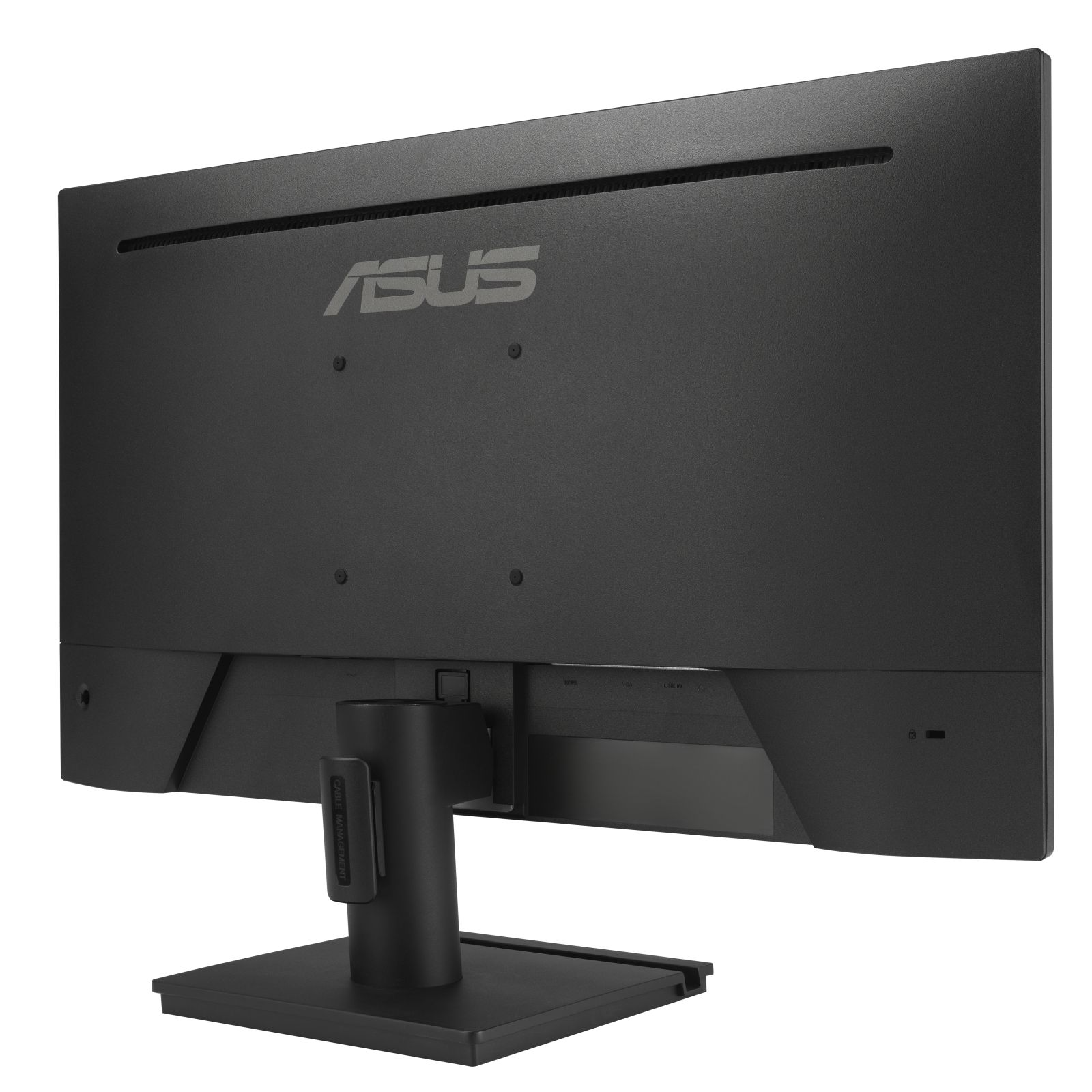 Tył czarnego monitora Asus na białym tle. Widoczne jest logo Asus.