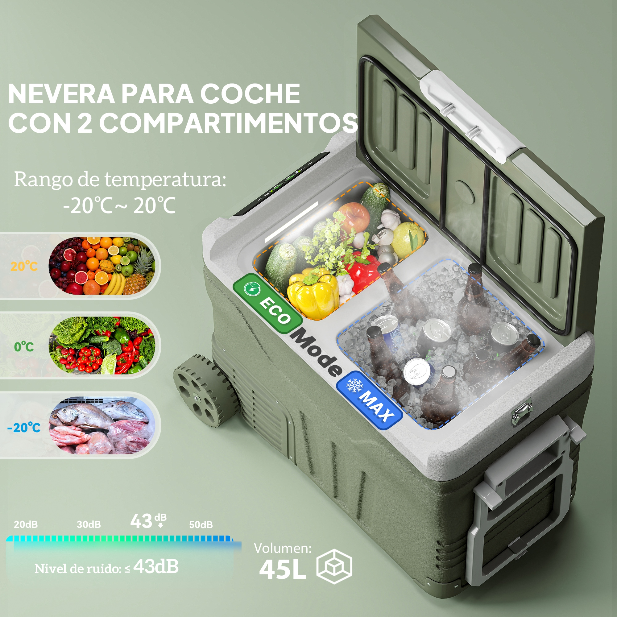 Un refrigerador portátil con dos compartimentos. Muestra frutas, verduras y botellas.
