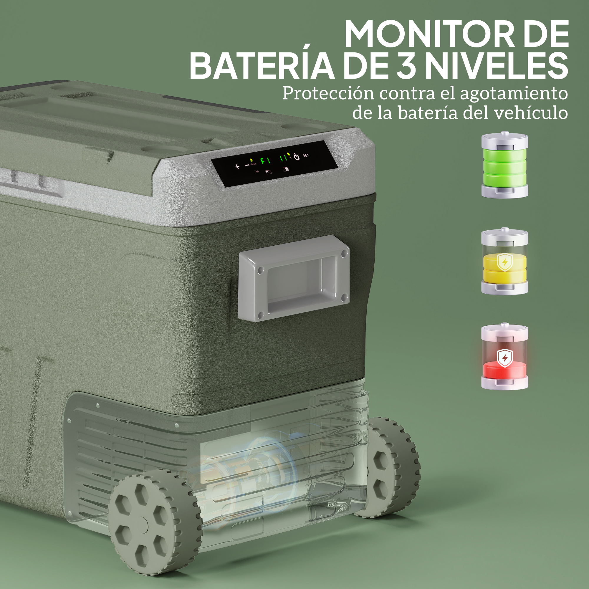 Una nevera portátil verde con monitor de batería. La nevera tiene ruedas y una sección transparente al frente.