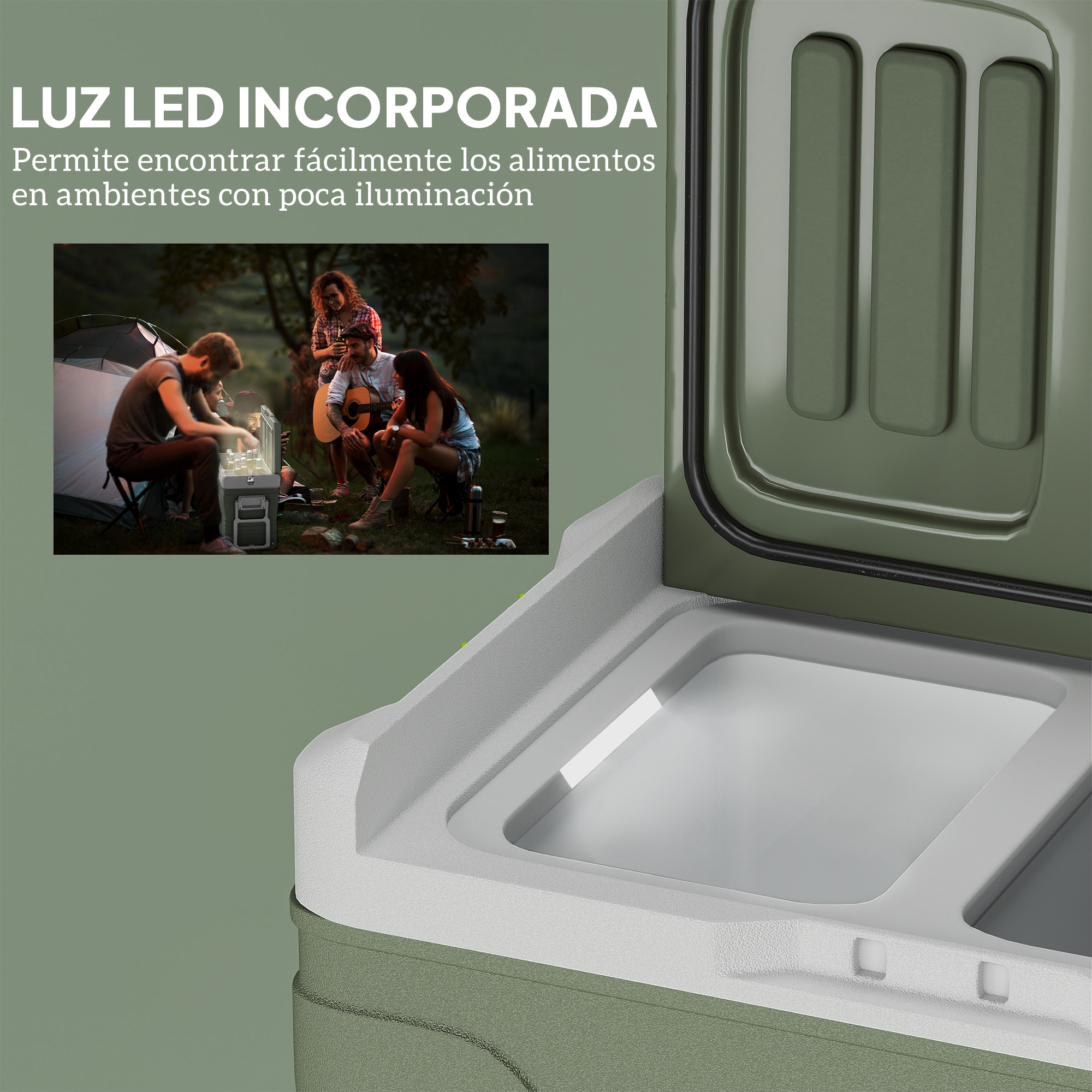 Un refrigerador abierto muestra comida y bebidas. Gente acampando en el fondo.