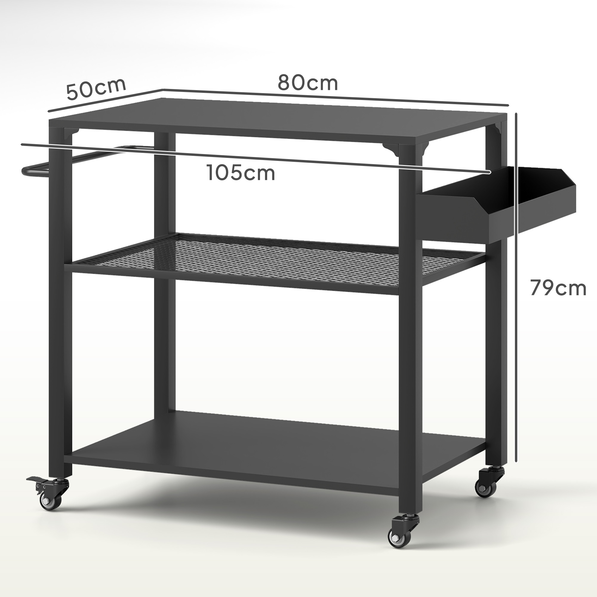 Carro de cocina de metal negro con dimensiones etiquetadas: 50cm, 80cm, 105cm, 79cm.